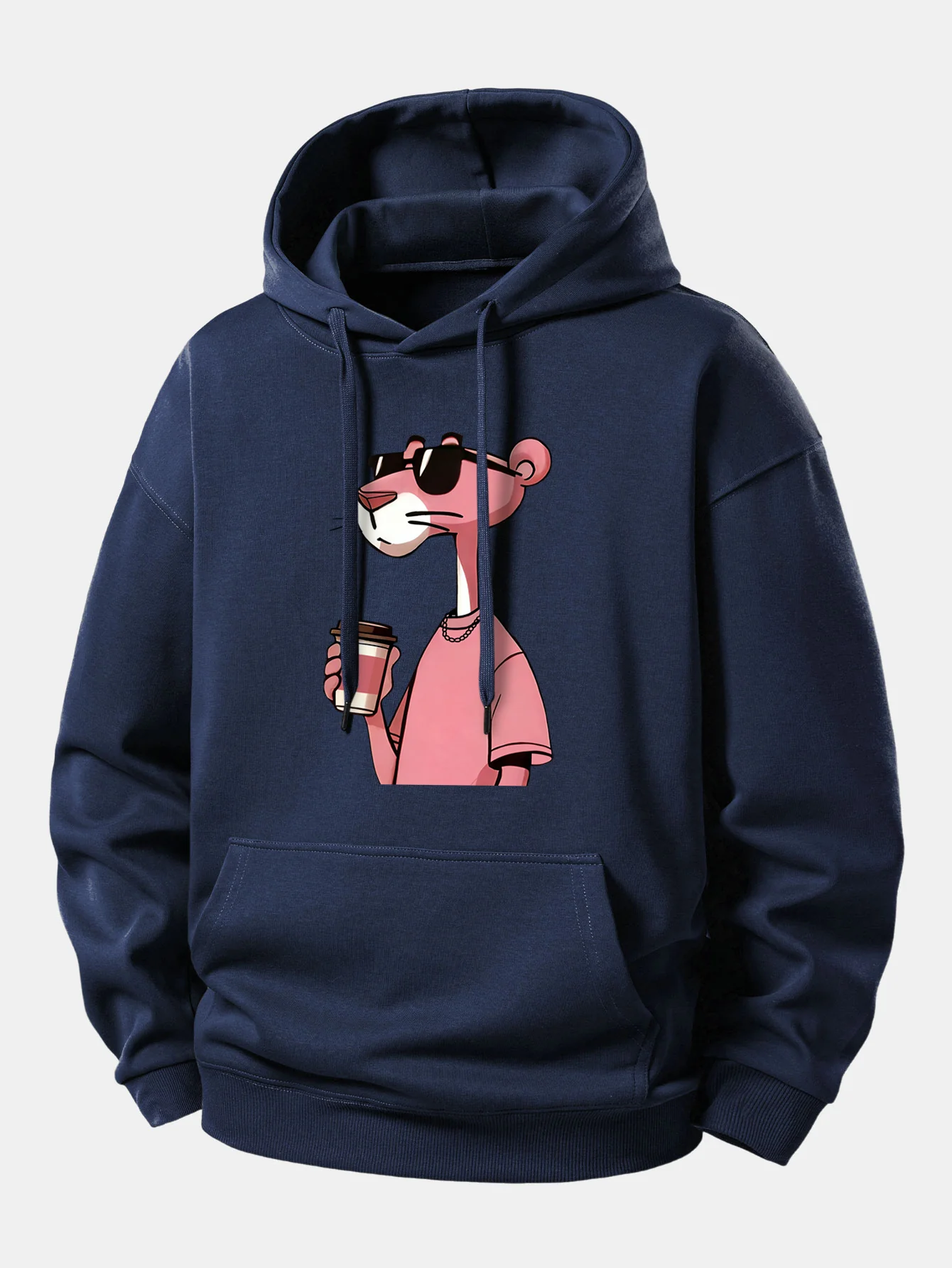Pink Panther Drinking Coffee Print Relax Fit Hoodie - Image 9
