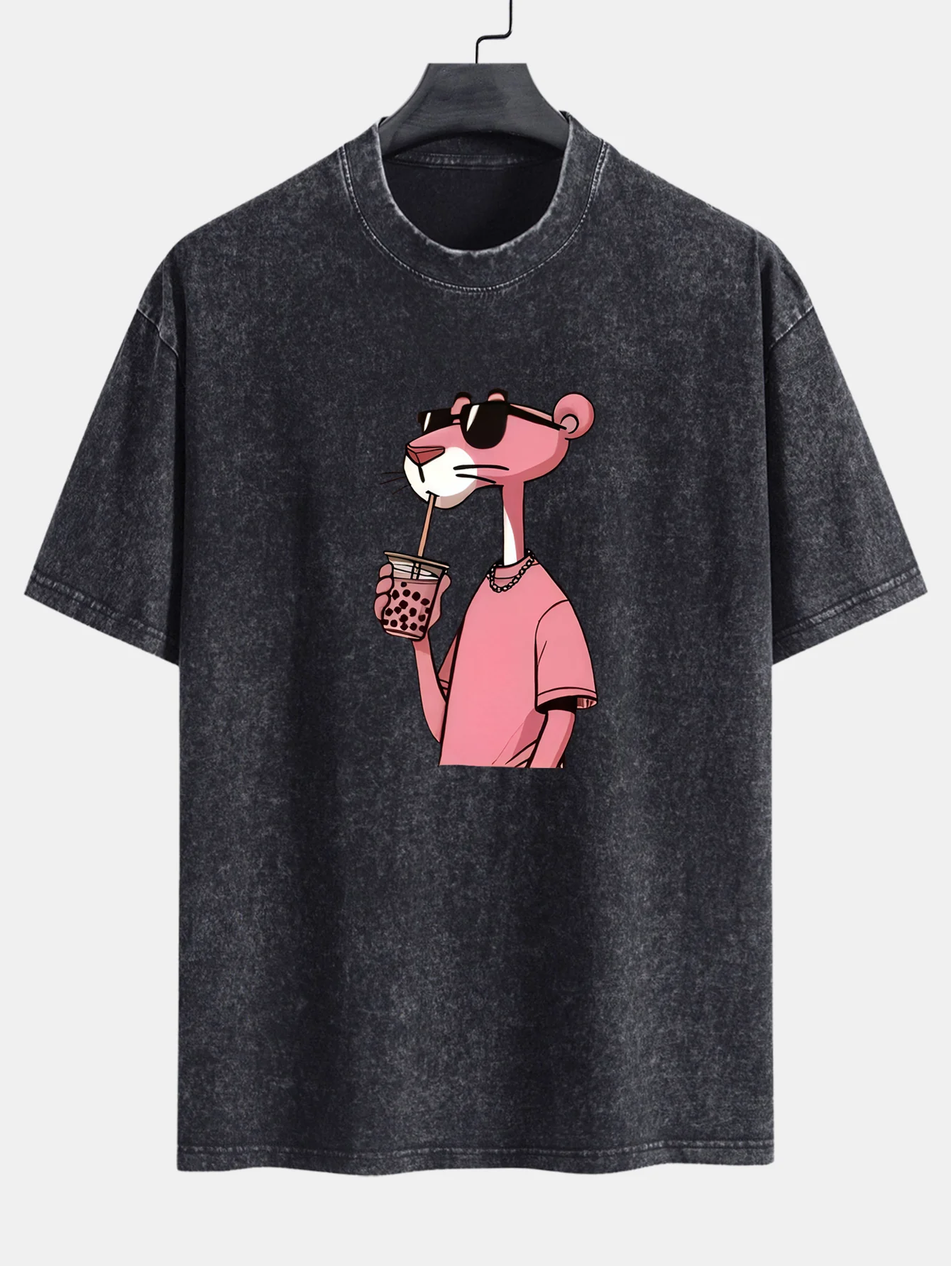 Pink Panther Print Washed Distressed Drop Shoulder T-Shirt
