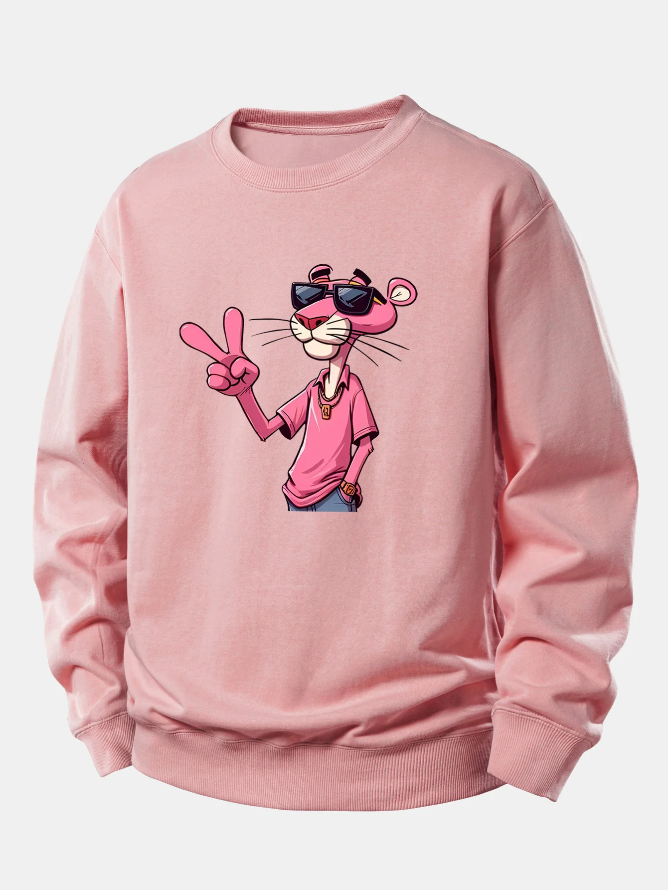 Pink Panther With A V Sign Print Relax Fit Sweatshirt