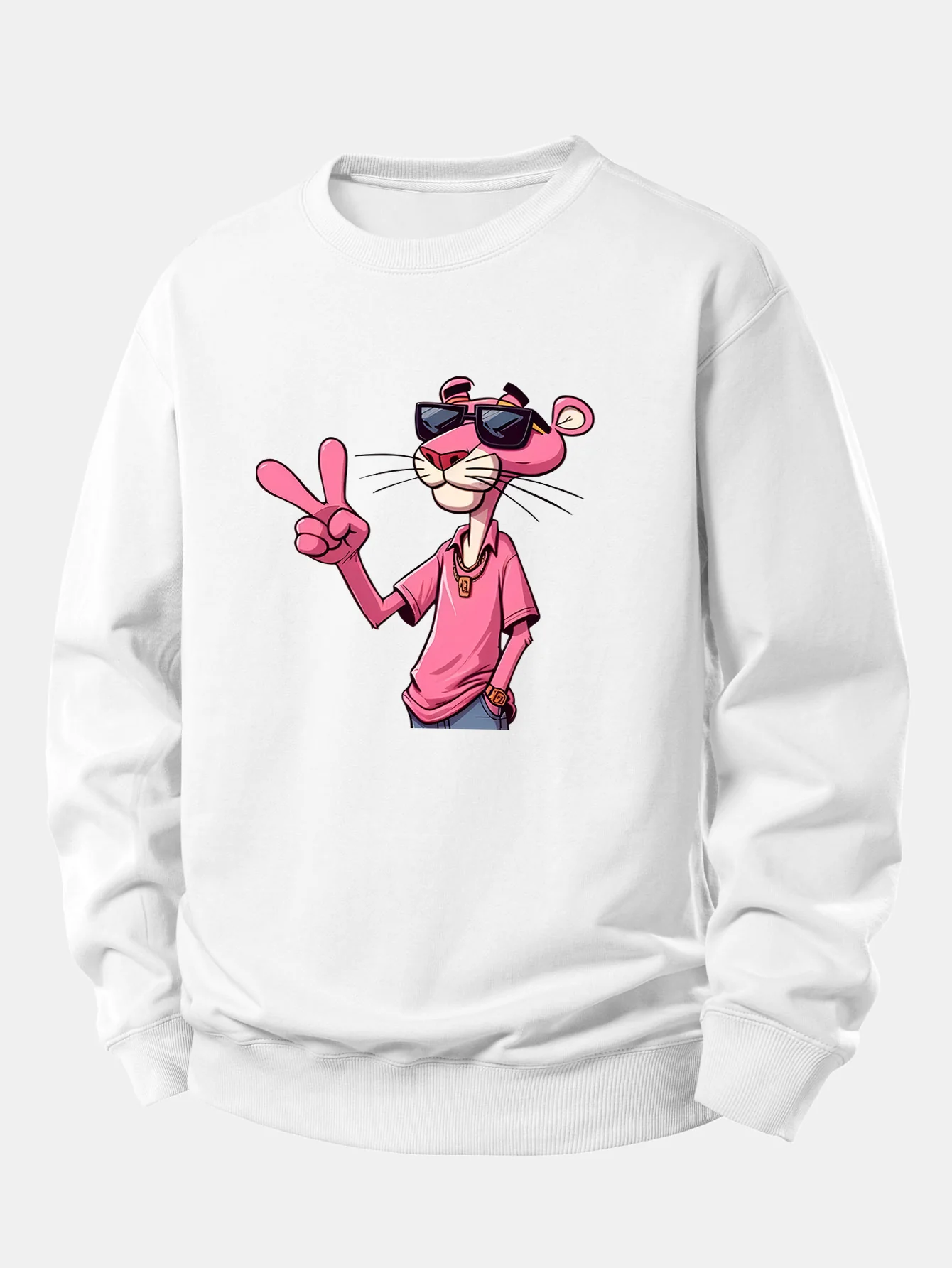 Pink Panther With A V Sign Print Relax Fit Sweatshirt - Image 3