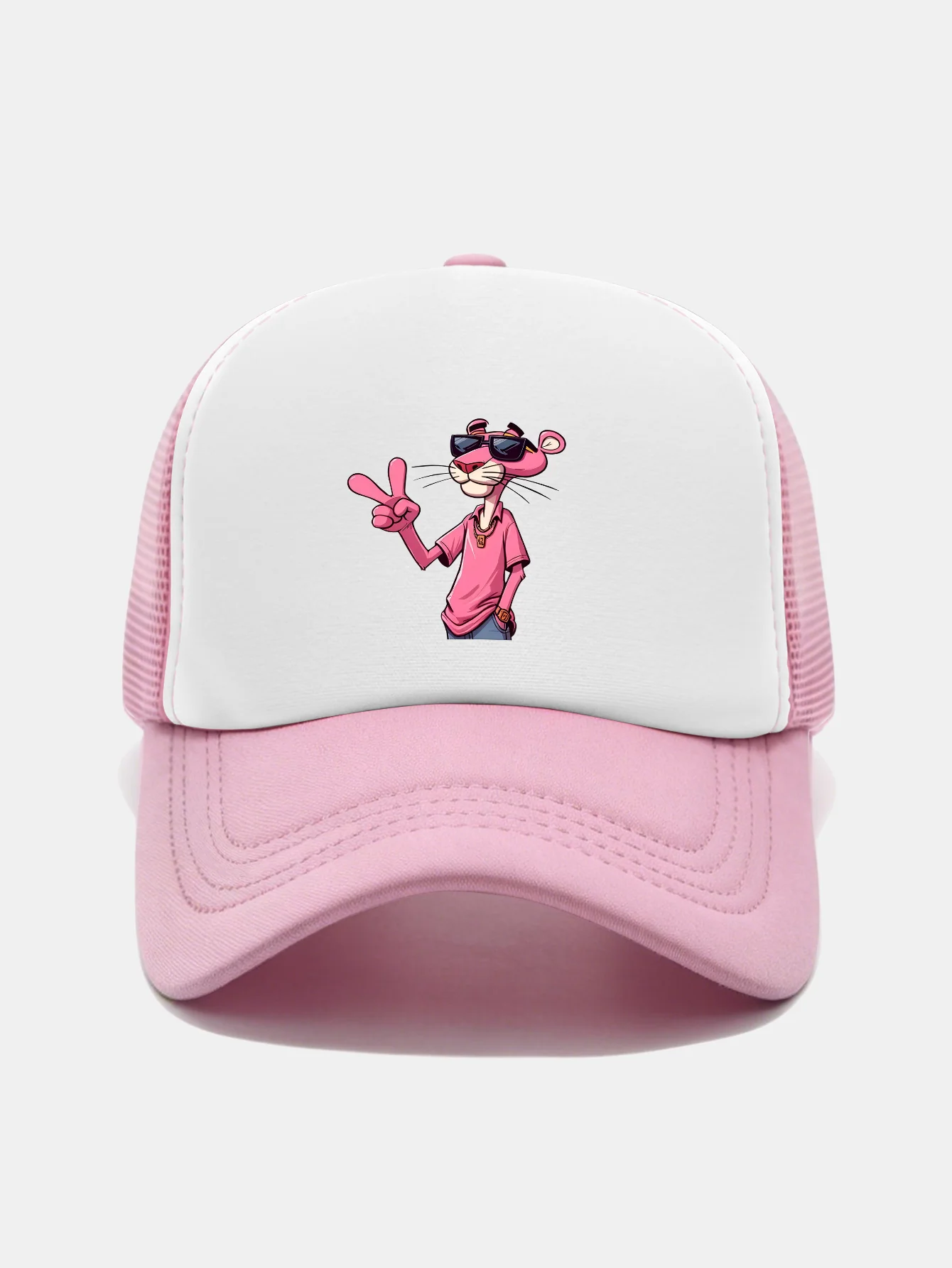Pink Panther With V Sign Print Contrast Mesh Baseball Cap