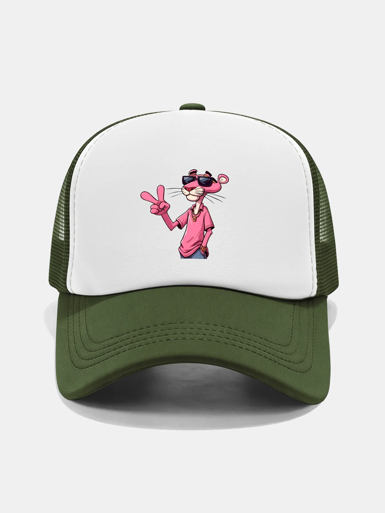 Pink Panther With V Sign Print Contrast Mesh Baseball Cap - Image 11