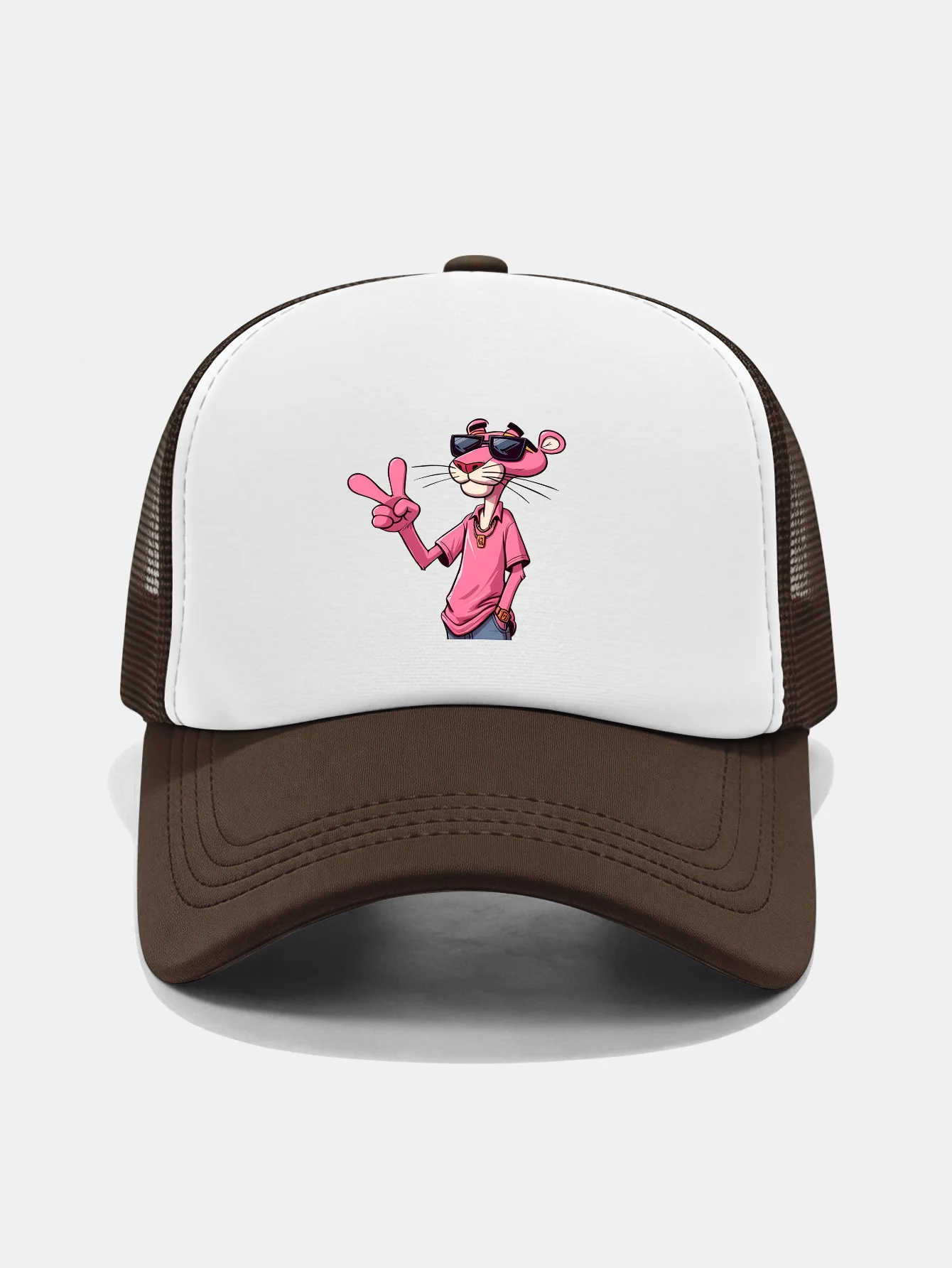 Pink Panther With V Sign Print Contrast Mesh Baseball Cap - Image 13