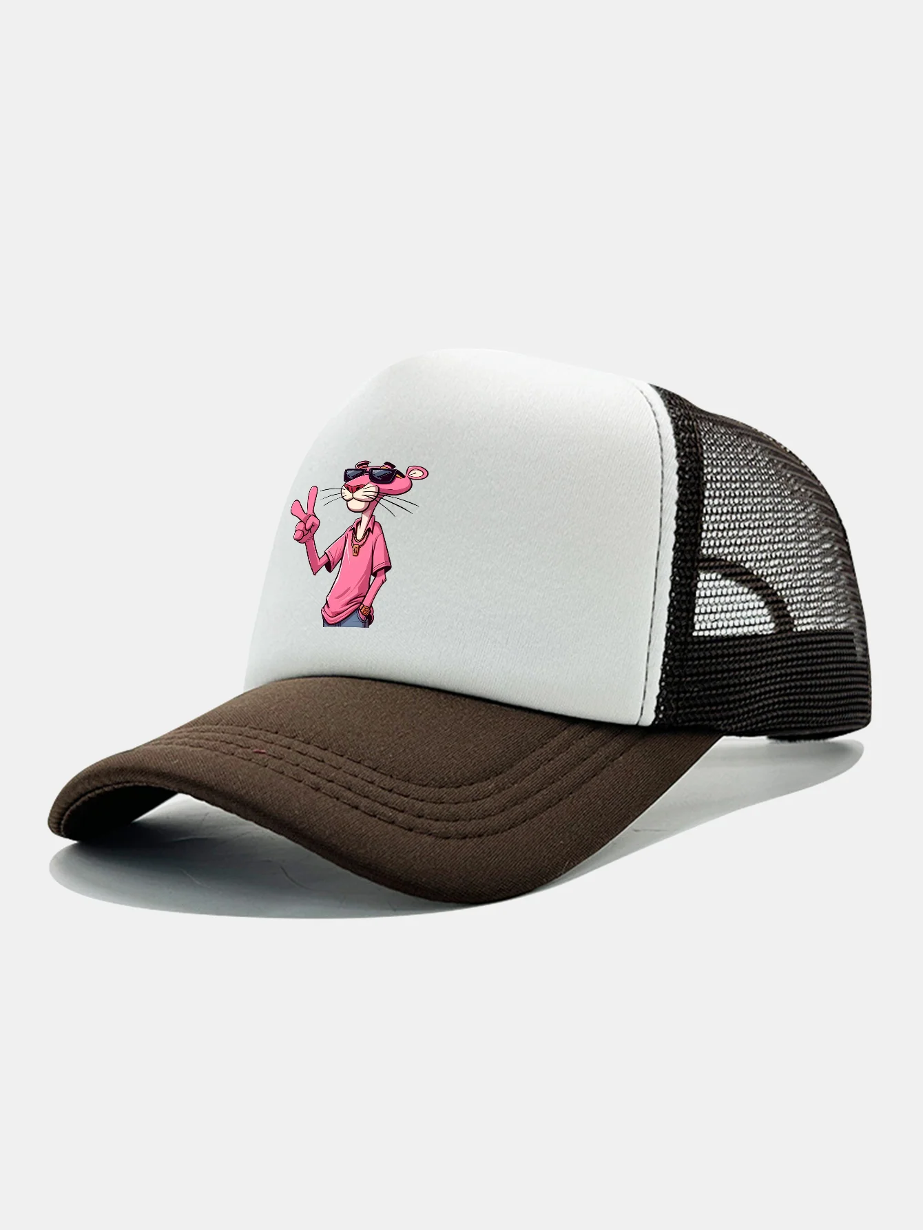 Pink Panther With V Sign Print Contrast Mesh Baseball Cap - Image 14