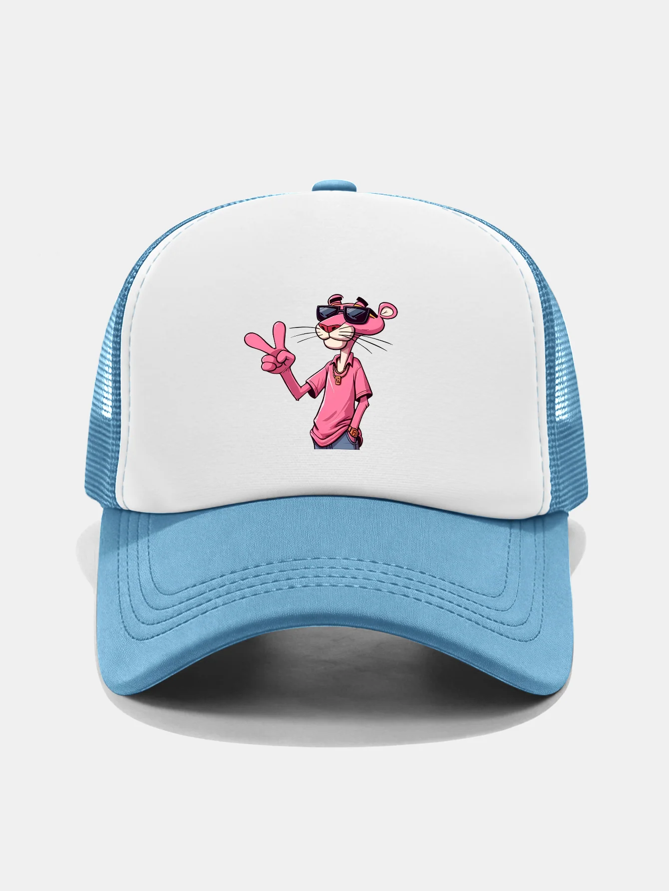 Pink Panther With V Sign Print Contrast Mesh Baseball Cap - Image 15