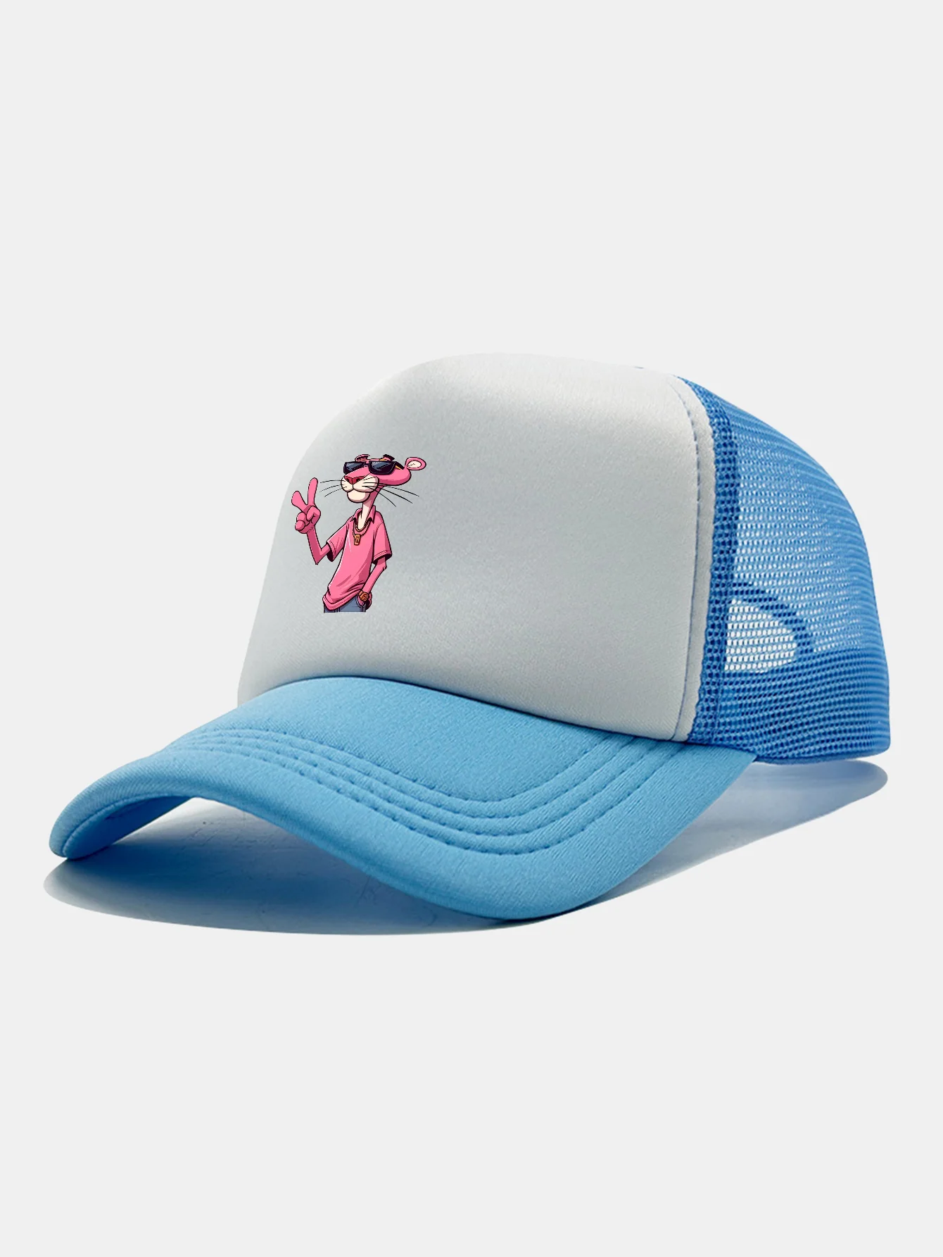 Pink Panther With V Sign Print Contrast Mesh Baseball Cap - Image 16
