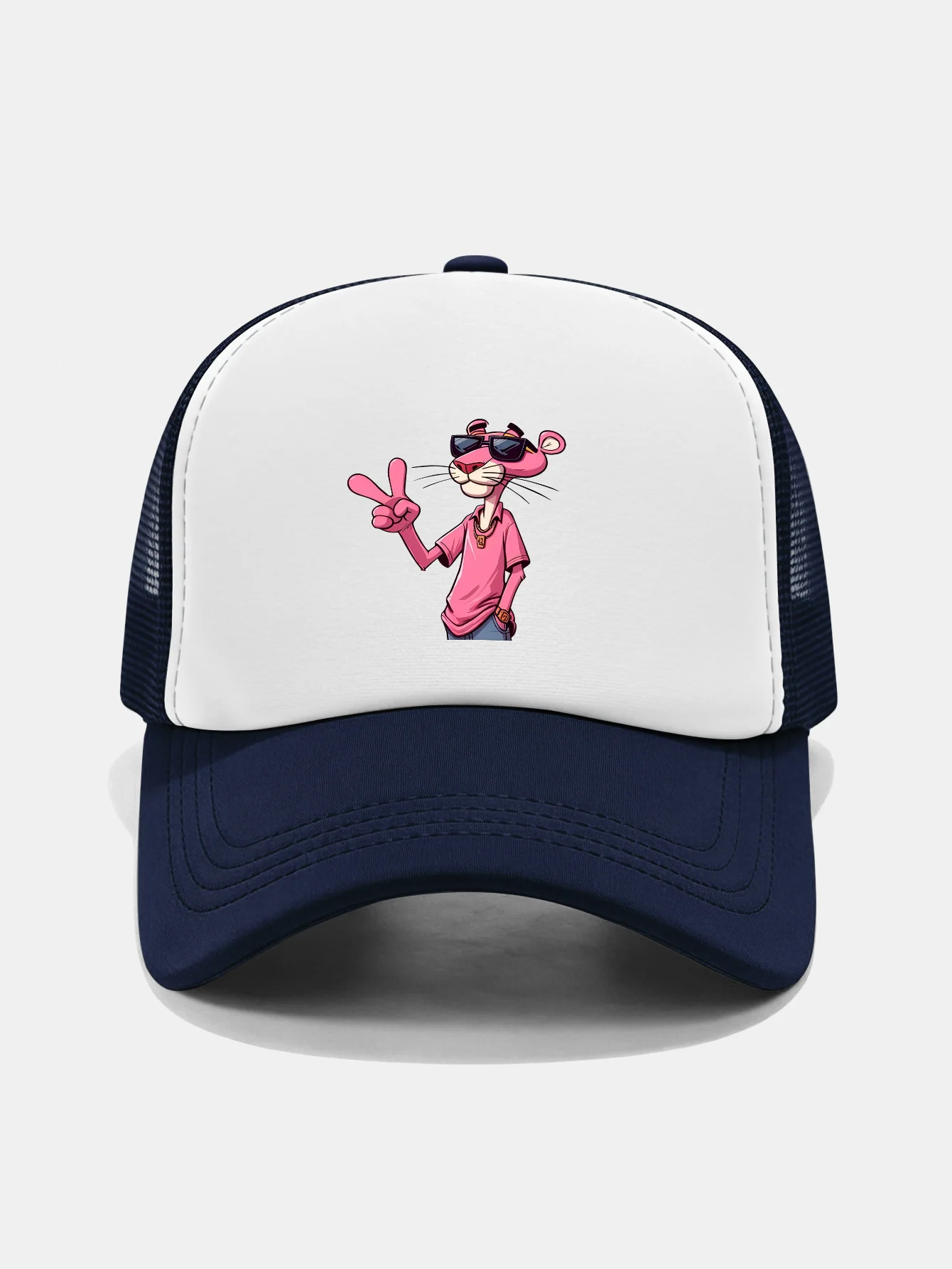 Pink Panther With V Sign Print Contrast Mesh Baseball Cap - Image 3