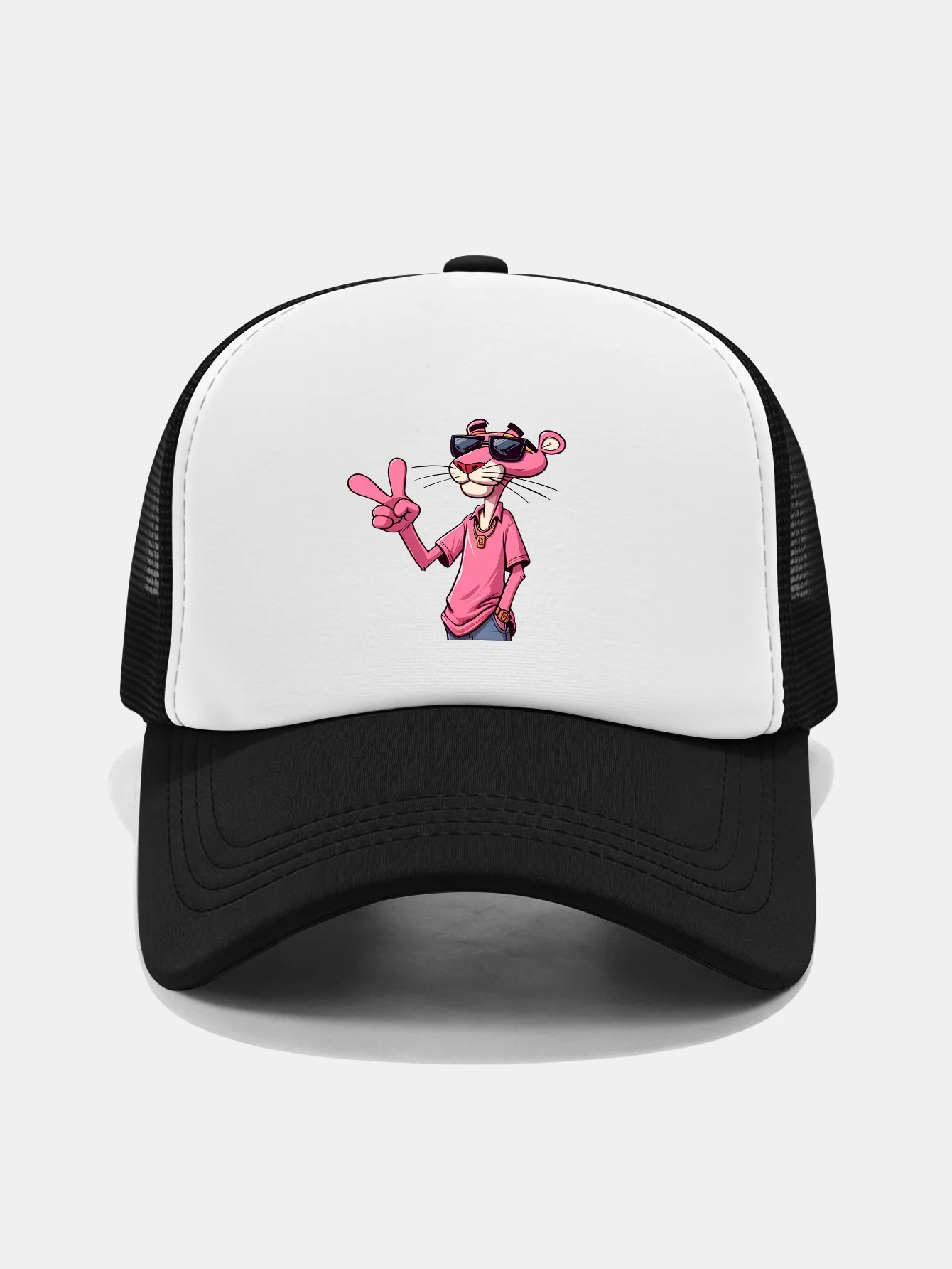 Pink Panther With V Sign Print Contrast Mesh Baseball Cap - Image 5