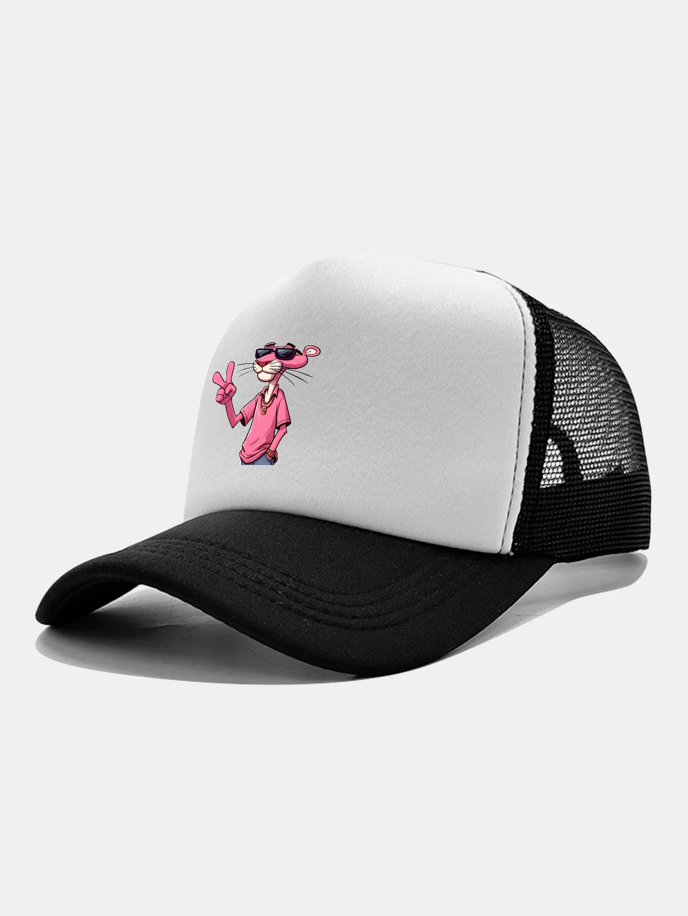 Pink Panther With V Sign Print Contrast Mesh Baseball Cap - Image 6