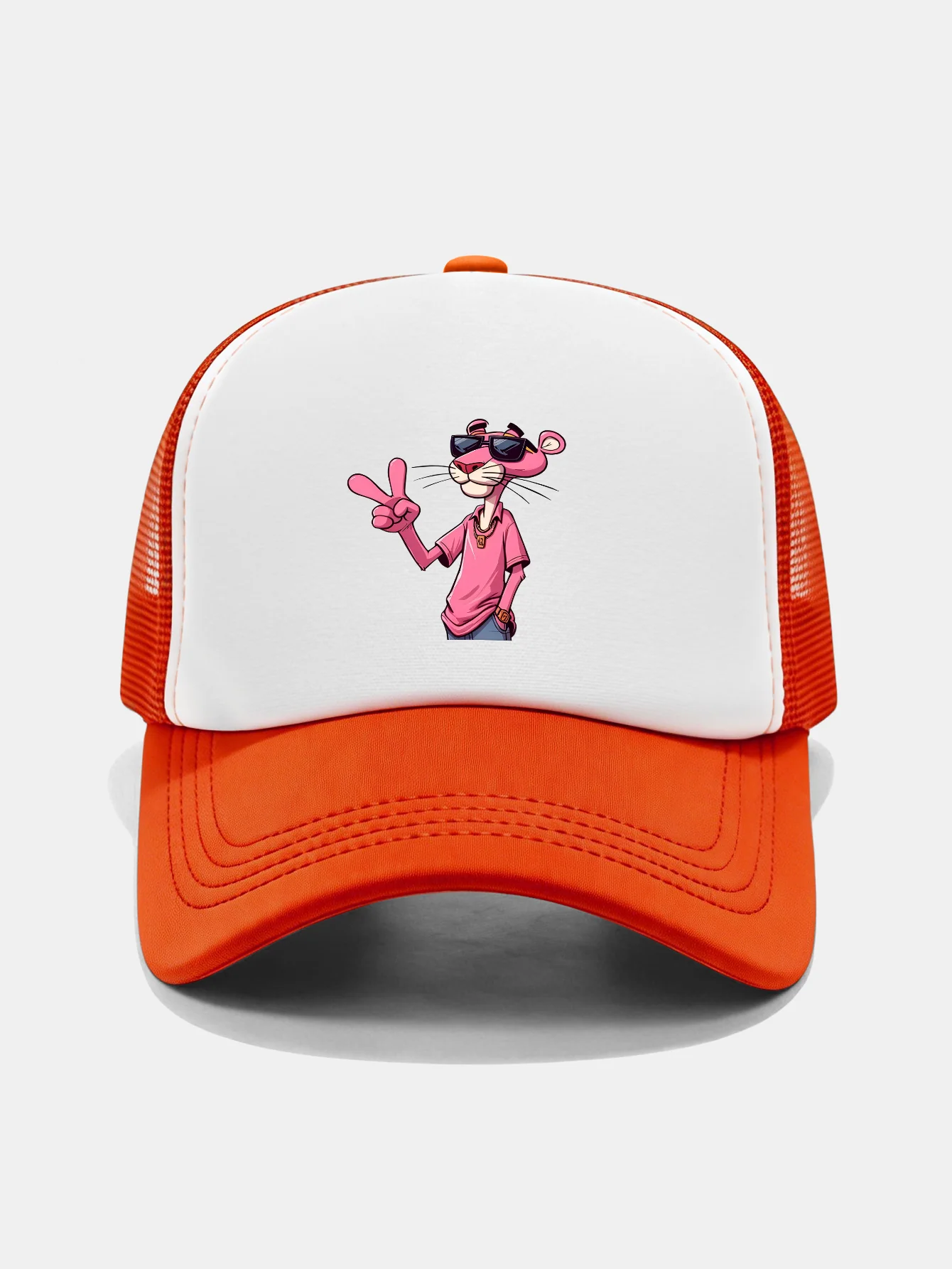 Pink Panther With V Sign Print Contrast Mesh Baseball Cap - Image 7