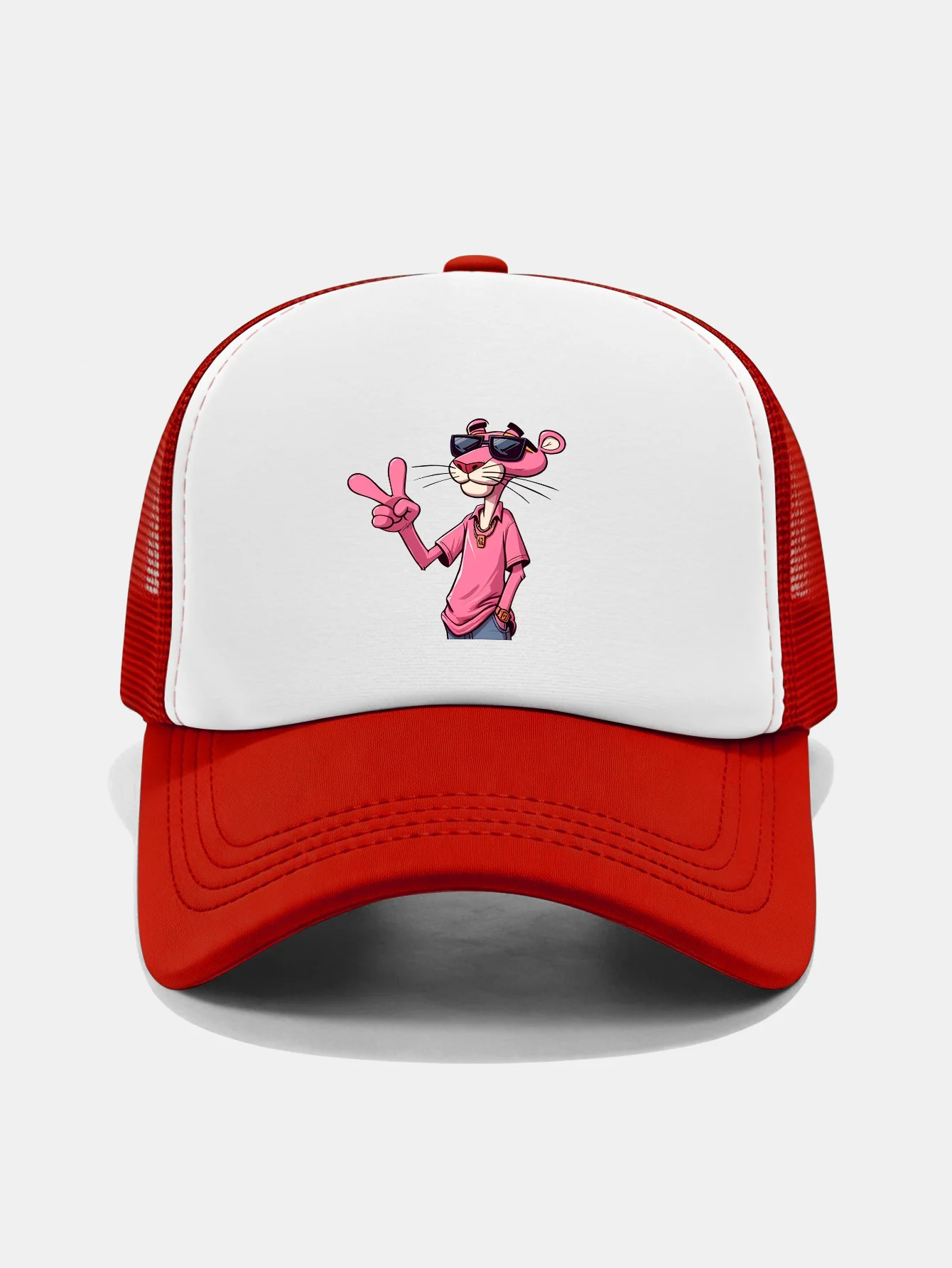 Pink Panther With V Sign Print Contrast Mesh Baseball Cap - Image 9
