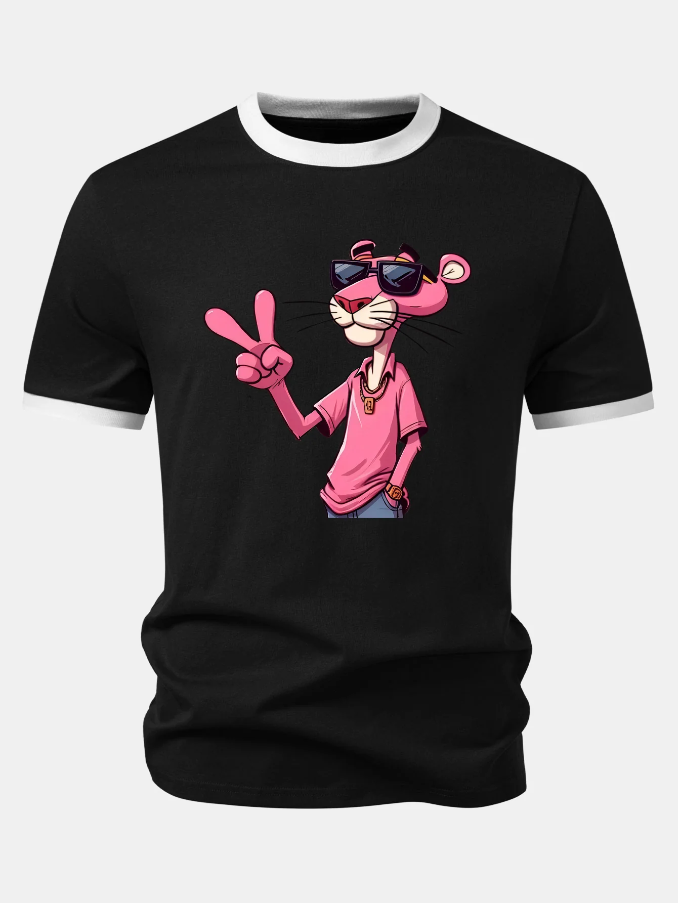 Pink Panther With V Sign Print Contrast Ringer T-Shirt - Image 2