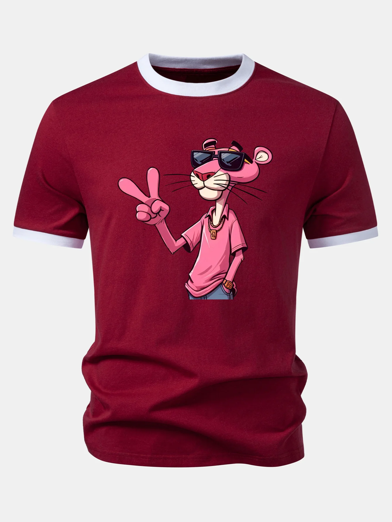 Pink Panther With V Sign Print Contrast Ringer T-Shirt - Image 3