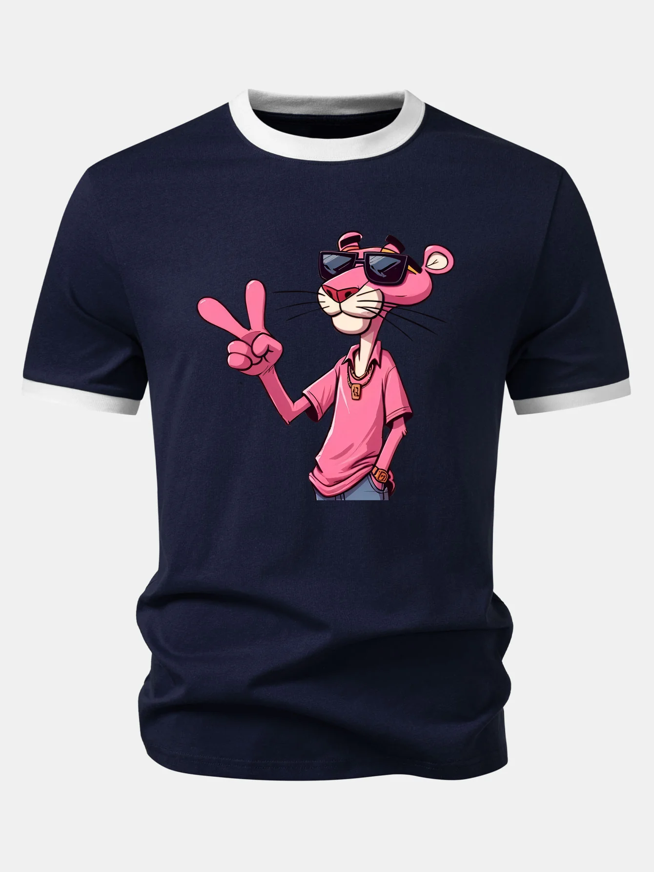 Pink Panther With V Sign Print Contrast Ringer T-Shirt - Image 4