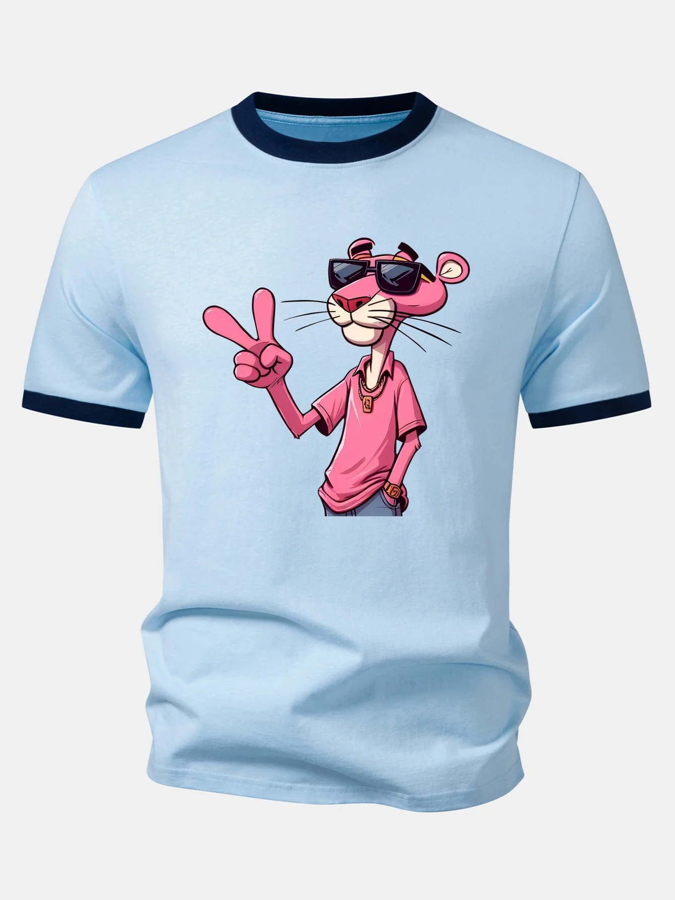 Pink Panther With V Sign Print Contrast Ringer T-Shirt - Image 5