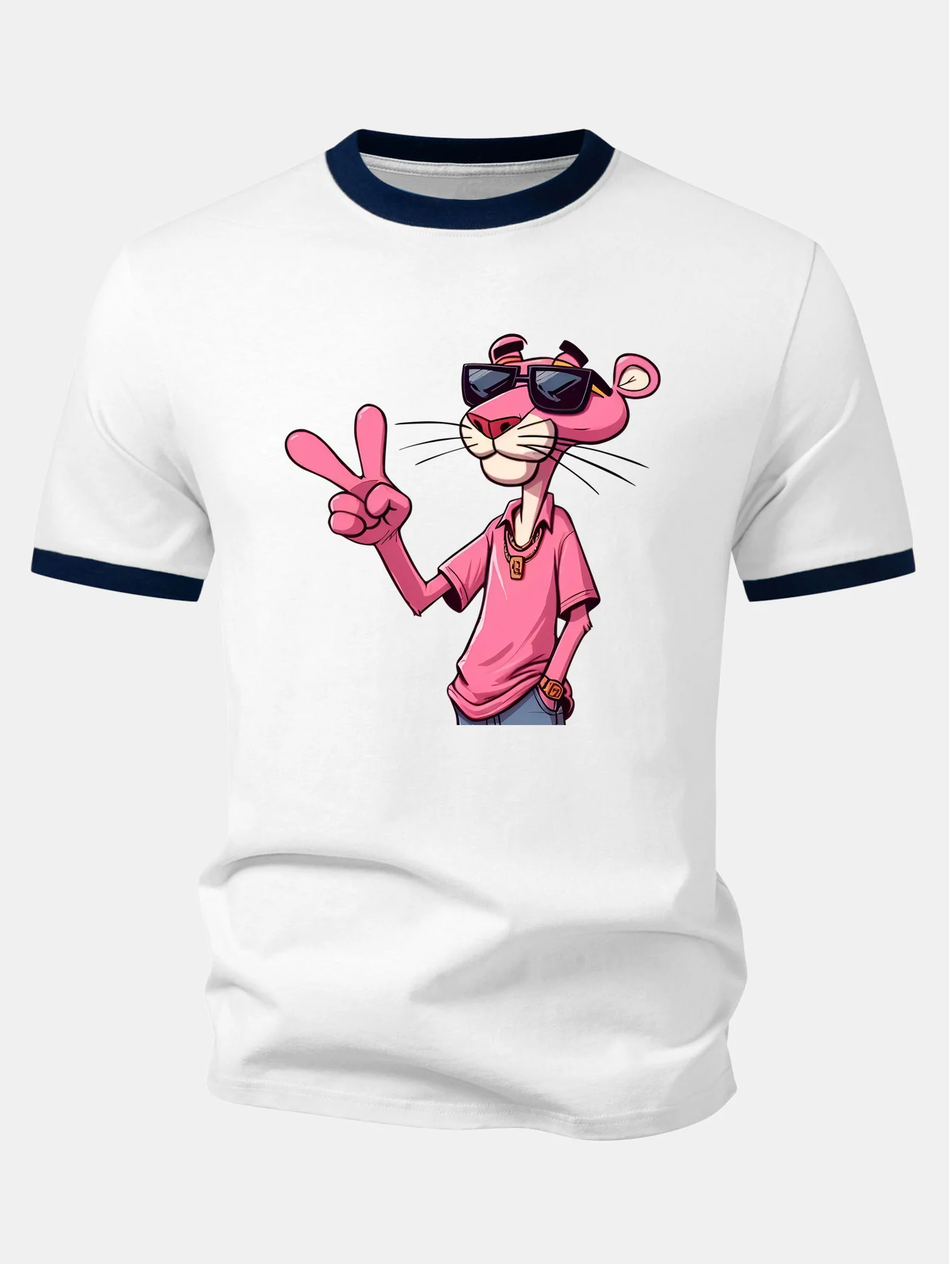 Pink Panther With V Sign Print Contrast Ringer T-Shirt - Image 6