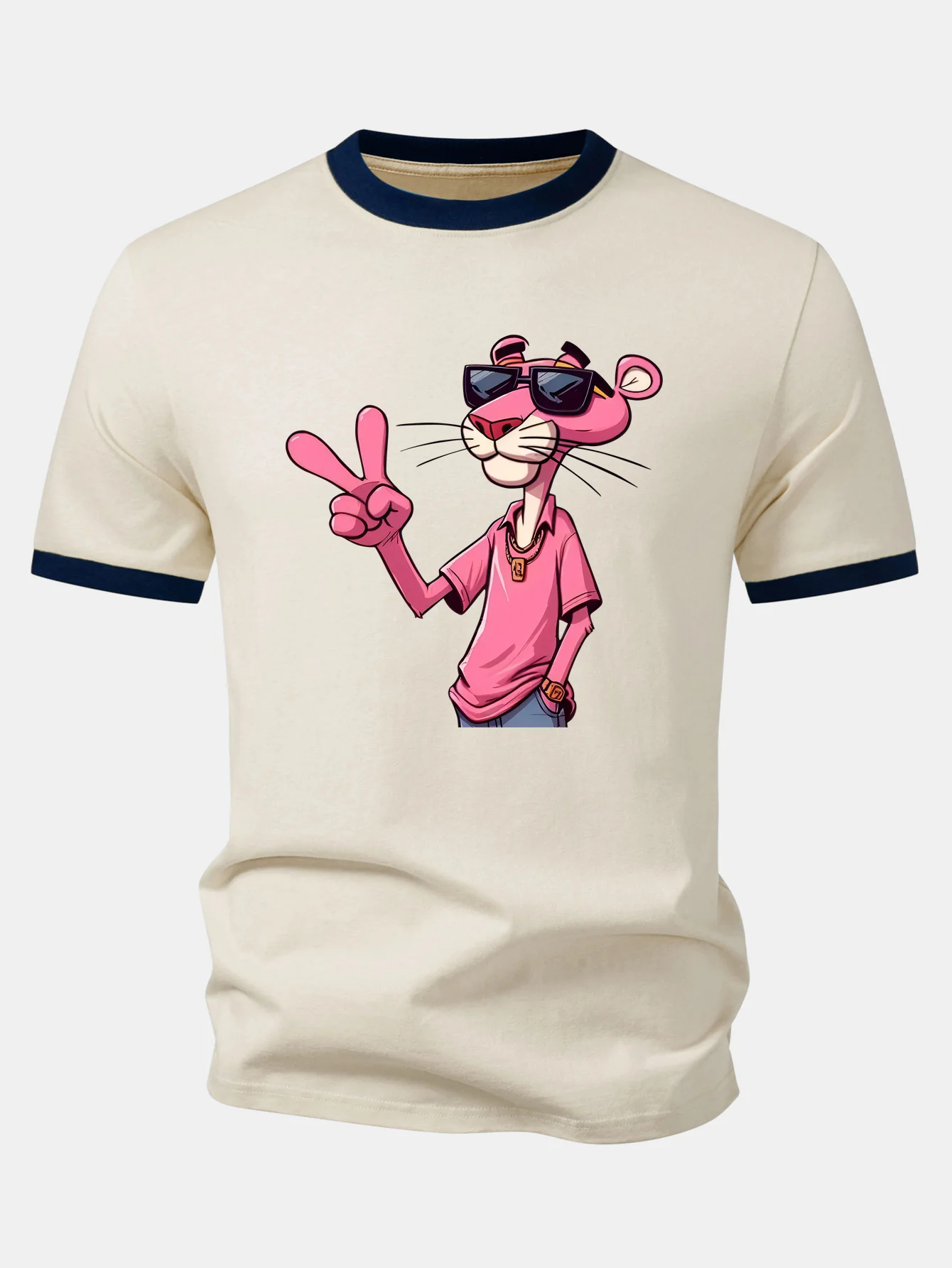 Pink Panther With V Sign Print Contrast Ringer T-Shirt - Image 7