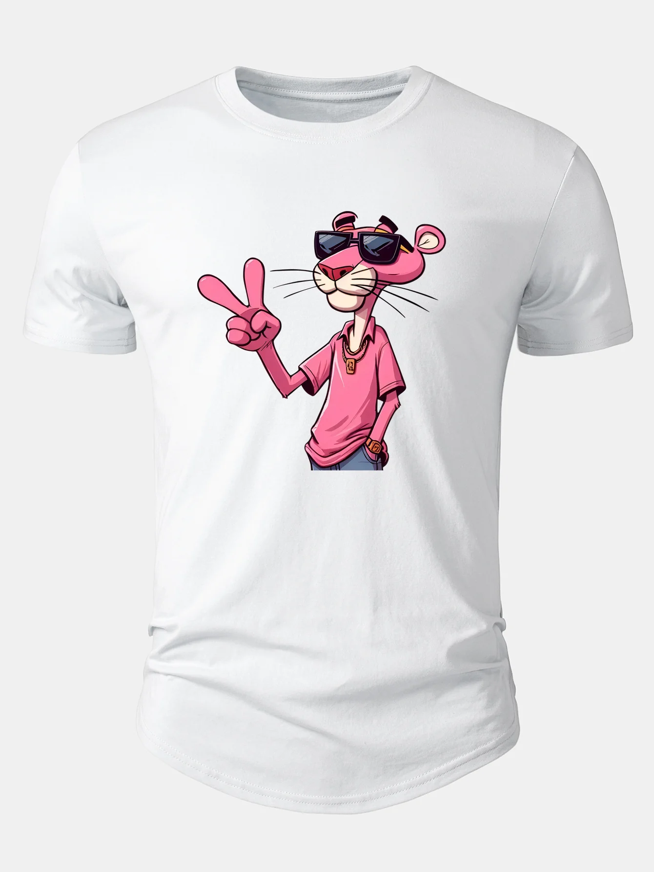 Pink Panther With V Sign Print Cotton Arc Hem T-Shirt - Image 2