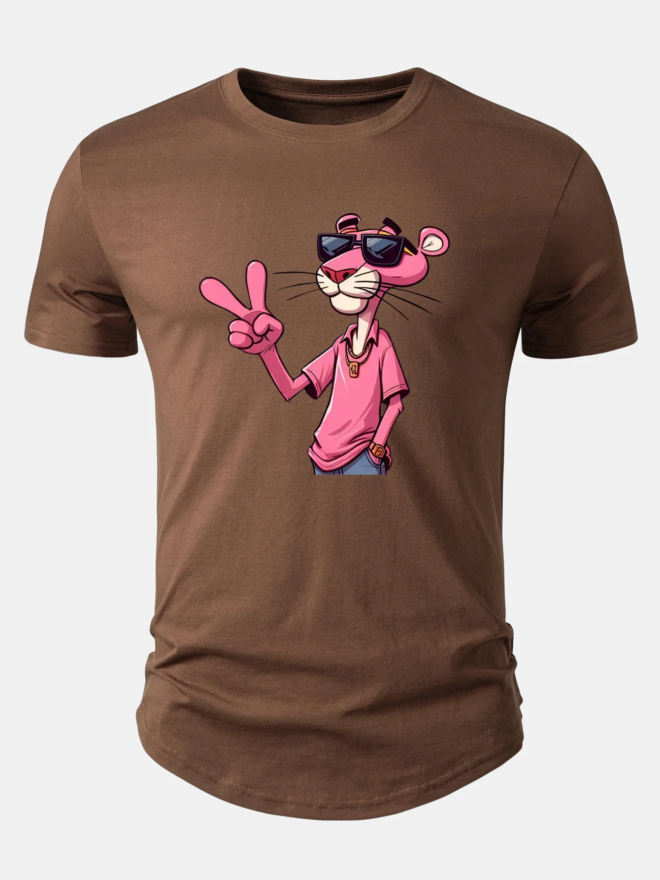 Pink Panther With V Sign Print Cotton Arc Hem T-Shirt - Image 3