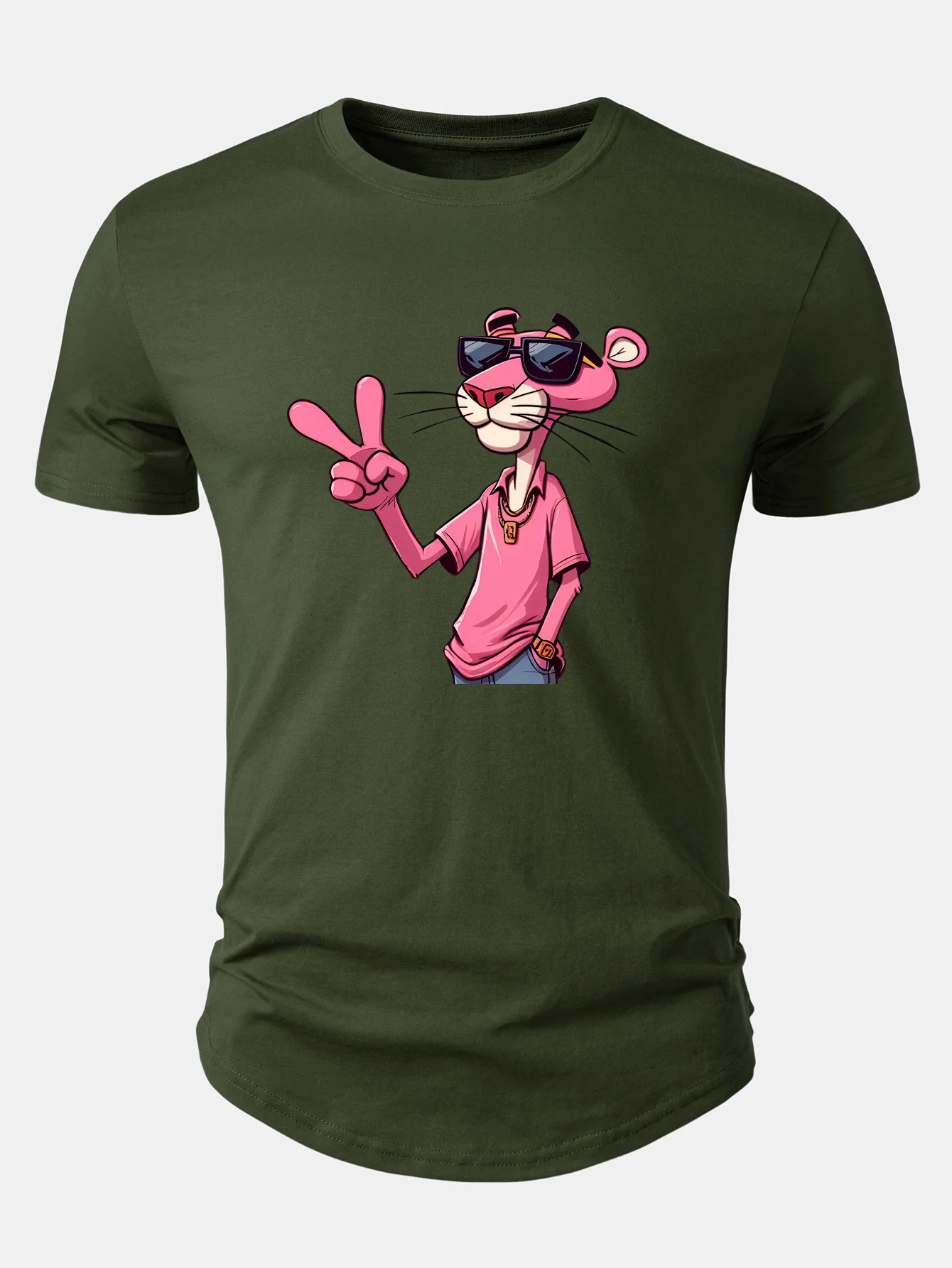 Pink Panther With V Sign Print Cotton Arc Hem T-Shirt - Image 4