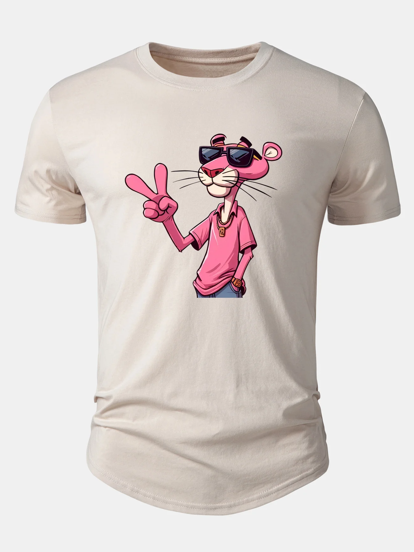 Pink Panther With V Sign Print Cotton Arc Hem T-Shirt - Image 5