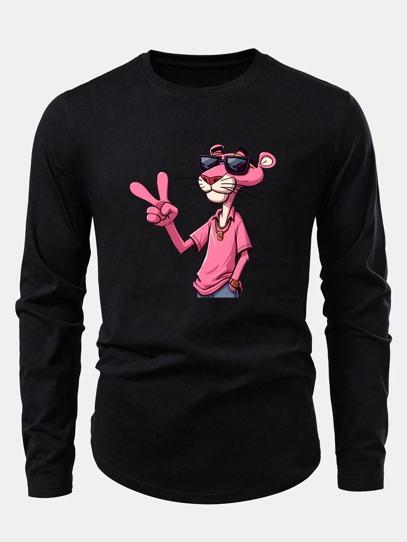 Pink Panther With V Sign Print Cotton Arc Hem T-Shirt