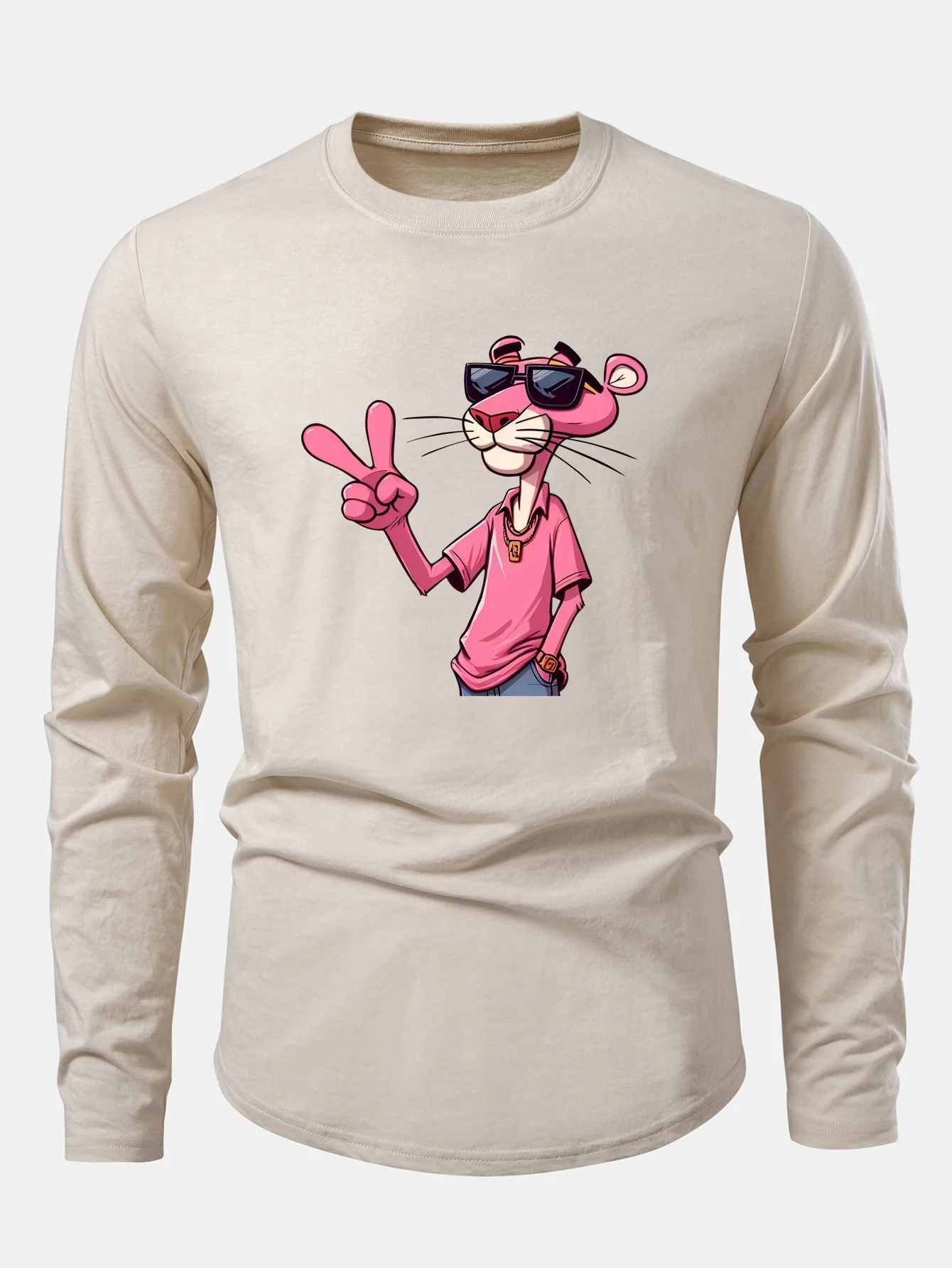 Pink Panther With V Sign Print Cotton Arc Hem T-Shirt - Image 2
