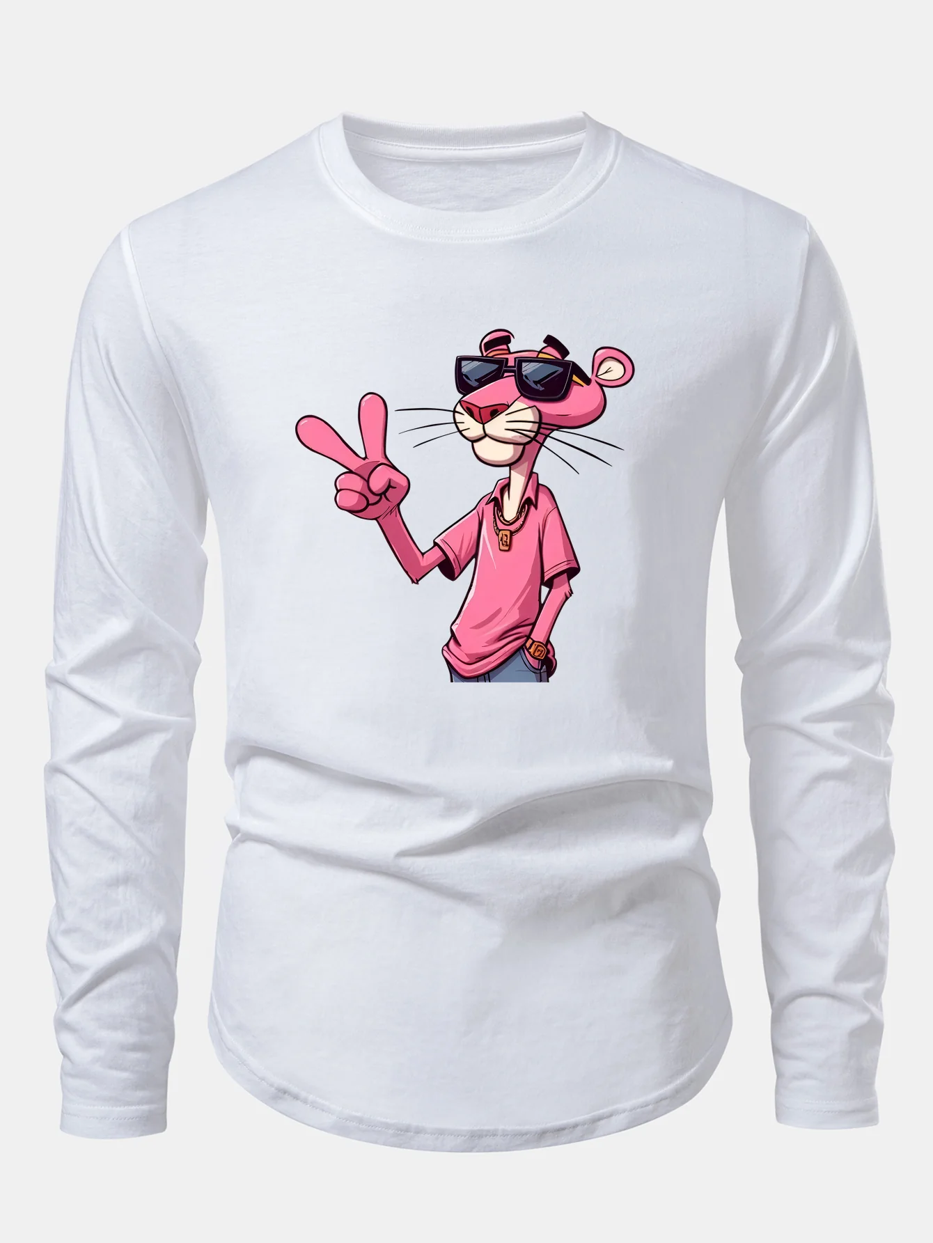 Pink Panther With V Sign Print Cotton Arc Hem T-Shirt - Image 4