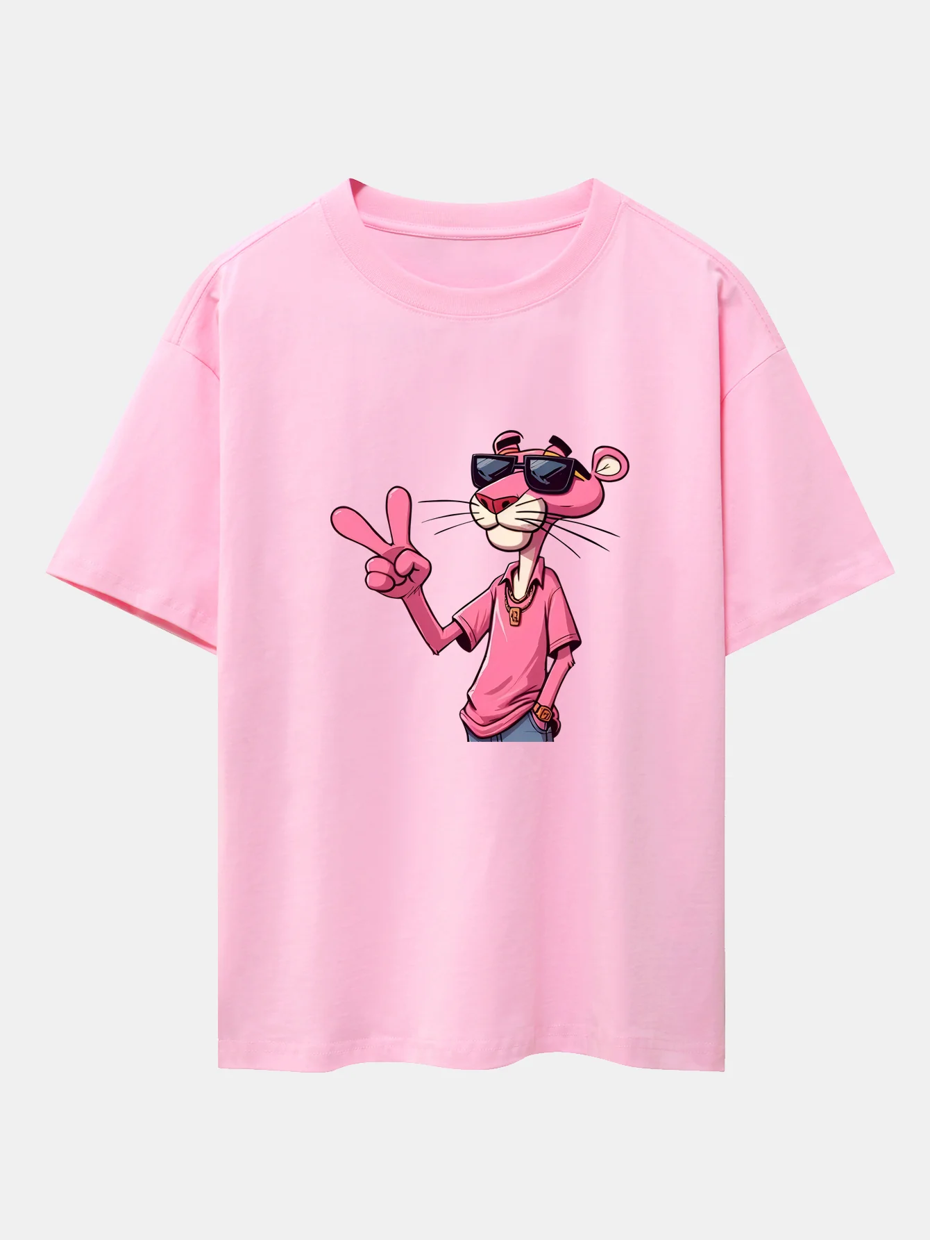 Pink Panther With V Sign Print Drop Shoulder Oversize T-Shirt
