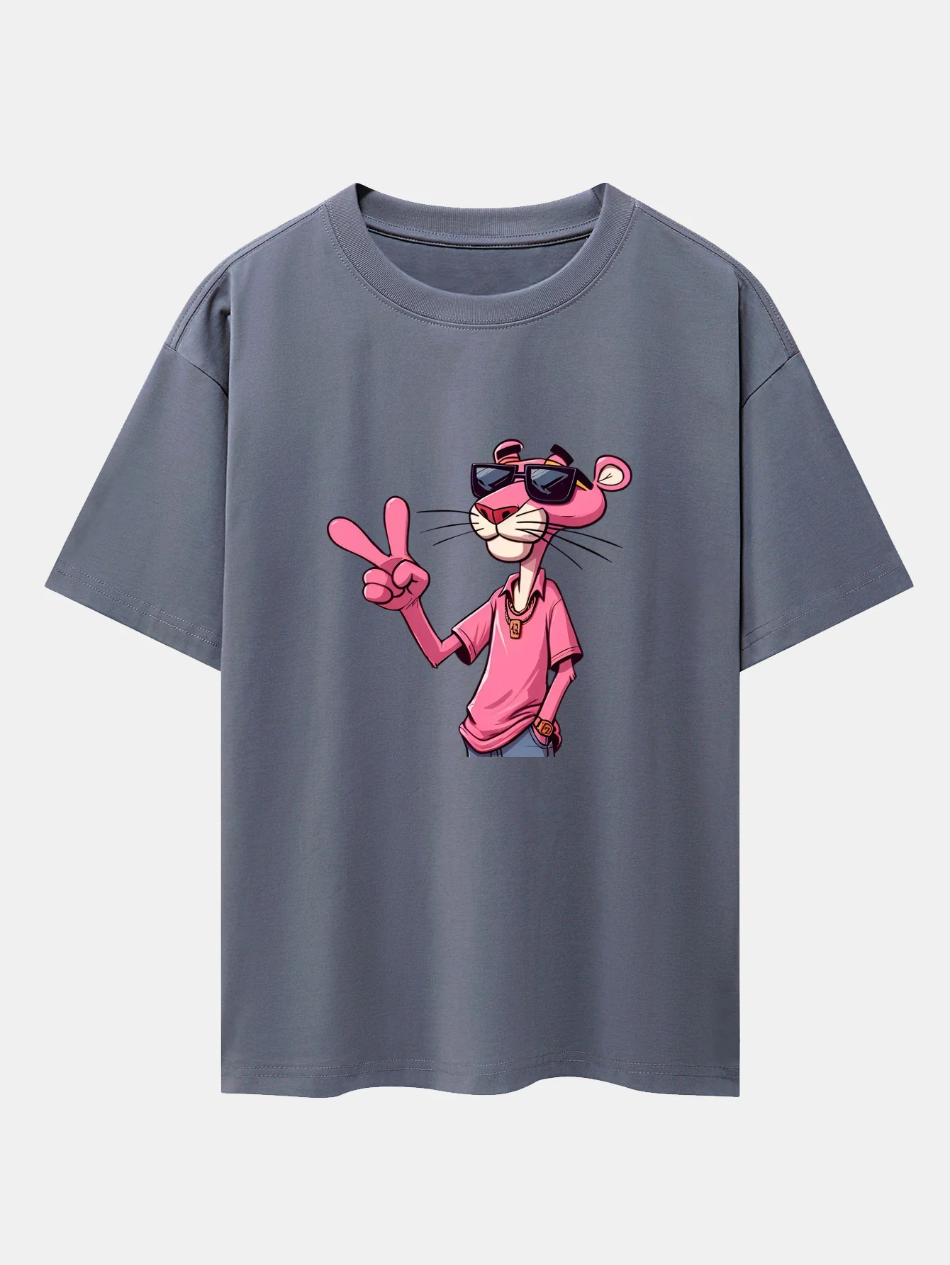 Pink Panther With V Sign Print Drop Shoulder Oversize T-Shirt - Image 11