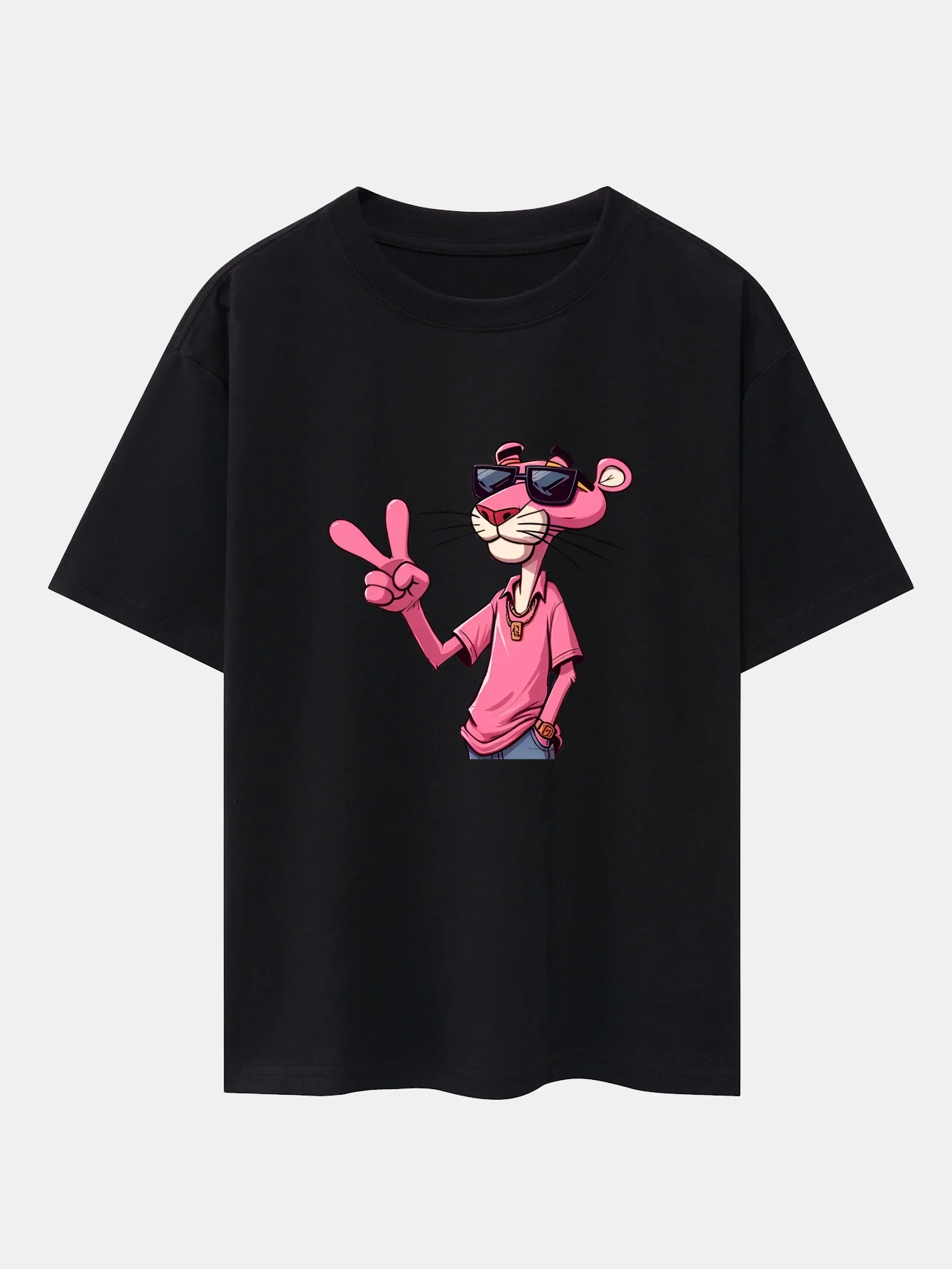 Pink Panther With V Sign Print Drop Shoulder Oversize T-Shirt - Image 2