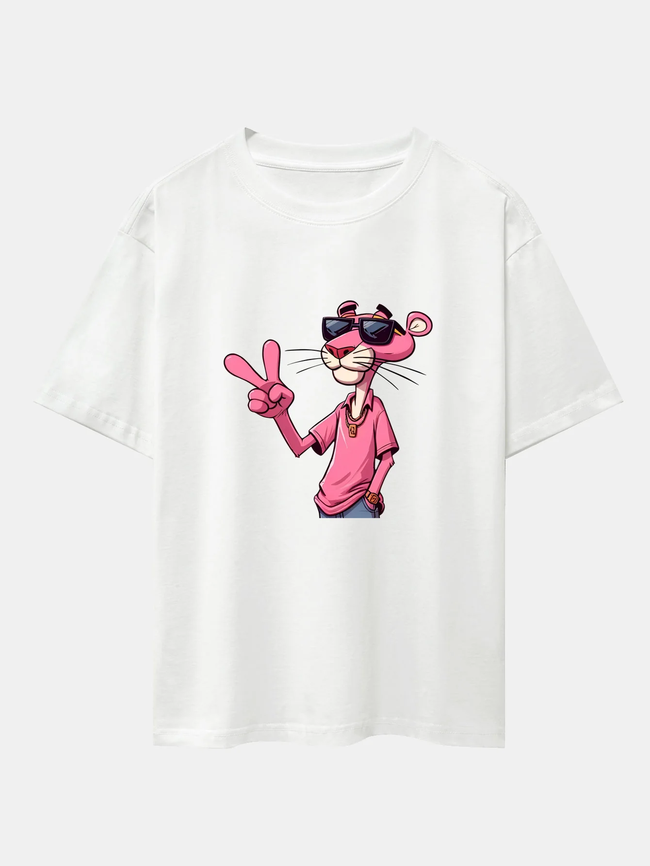 Pink Panther With V Sign Print Drop Shoulder Oversize T-Shirt - Image 3