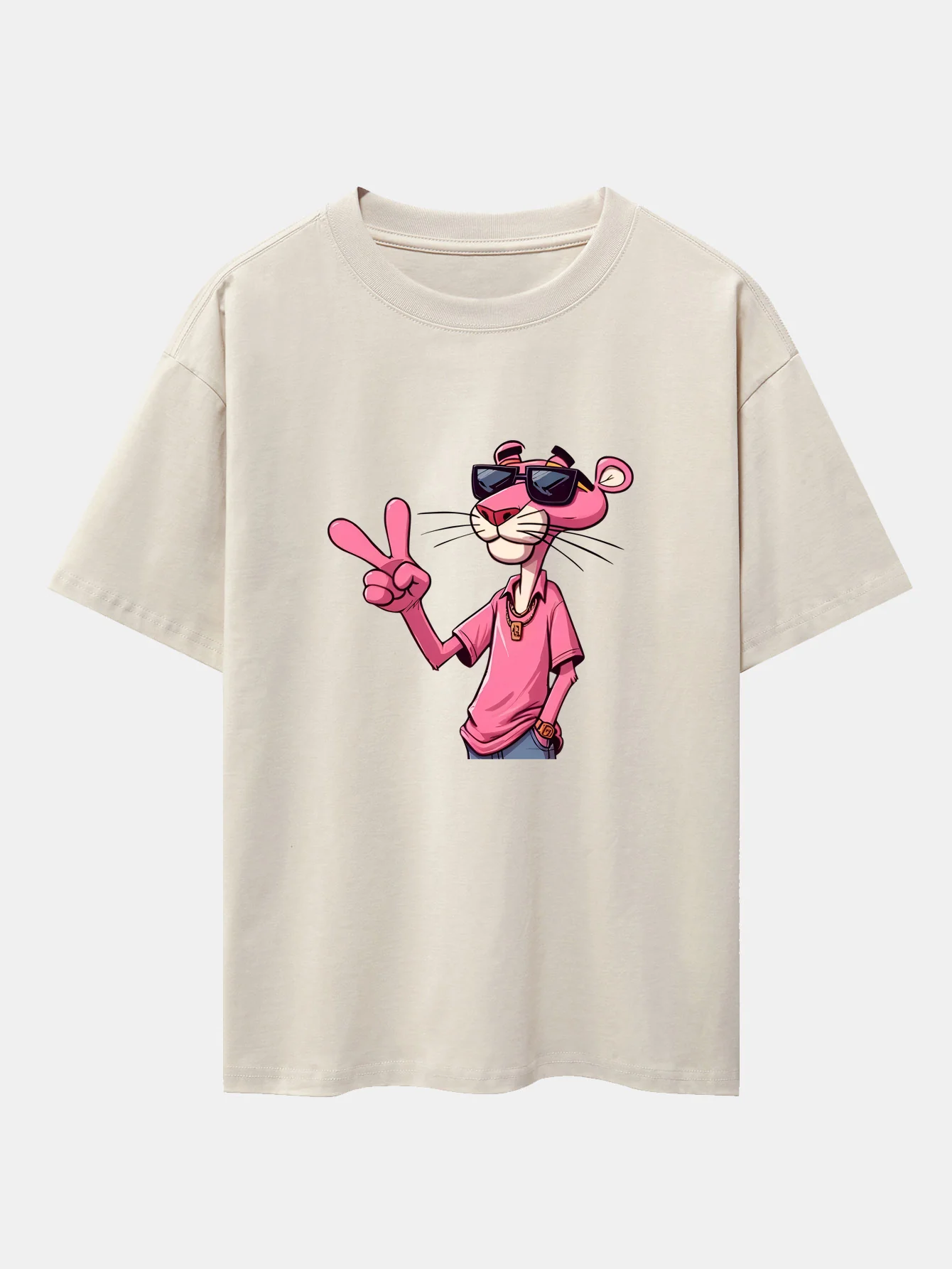 Pink Panther With V Sign Print Drop Shoulder Oversize T-Shirt - Image 4
