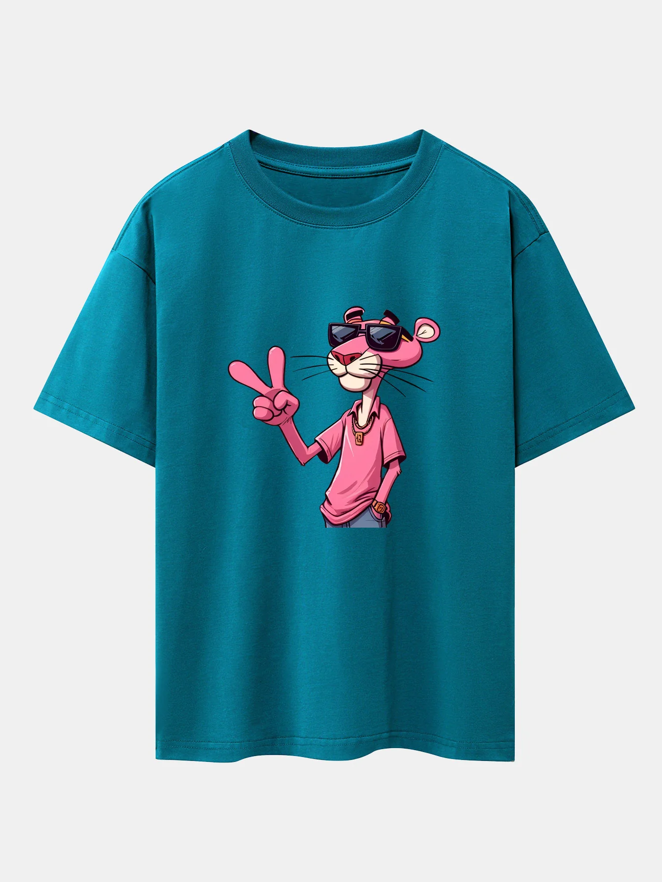 Pink Panther With V Sign Print Drop Shoulder Oversize T-Shirt - Image 5