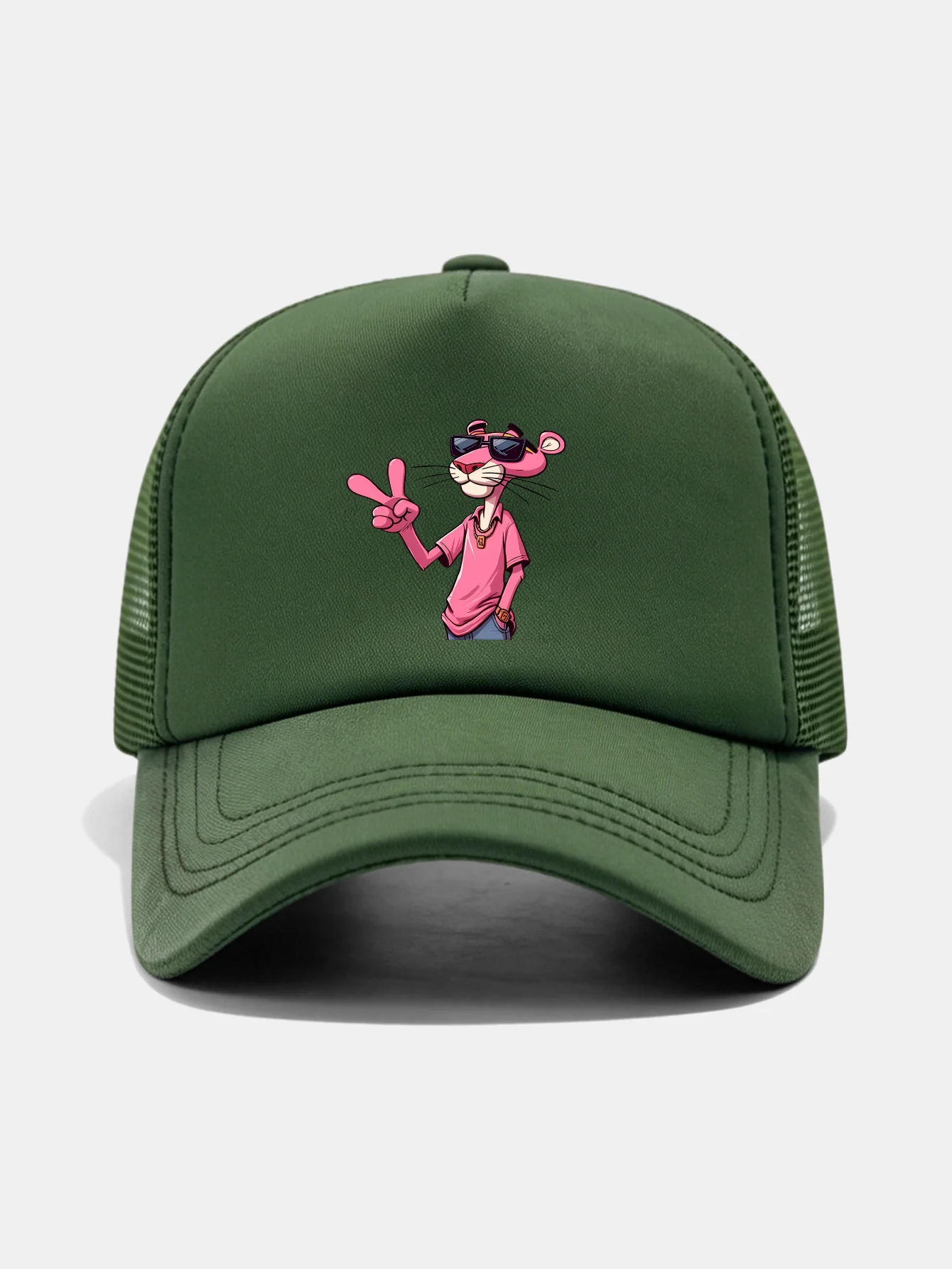 Pink Panther With V Sign Print Mesh Baseball Cap - Image 11