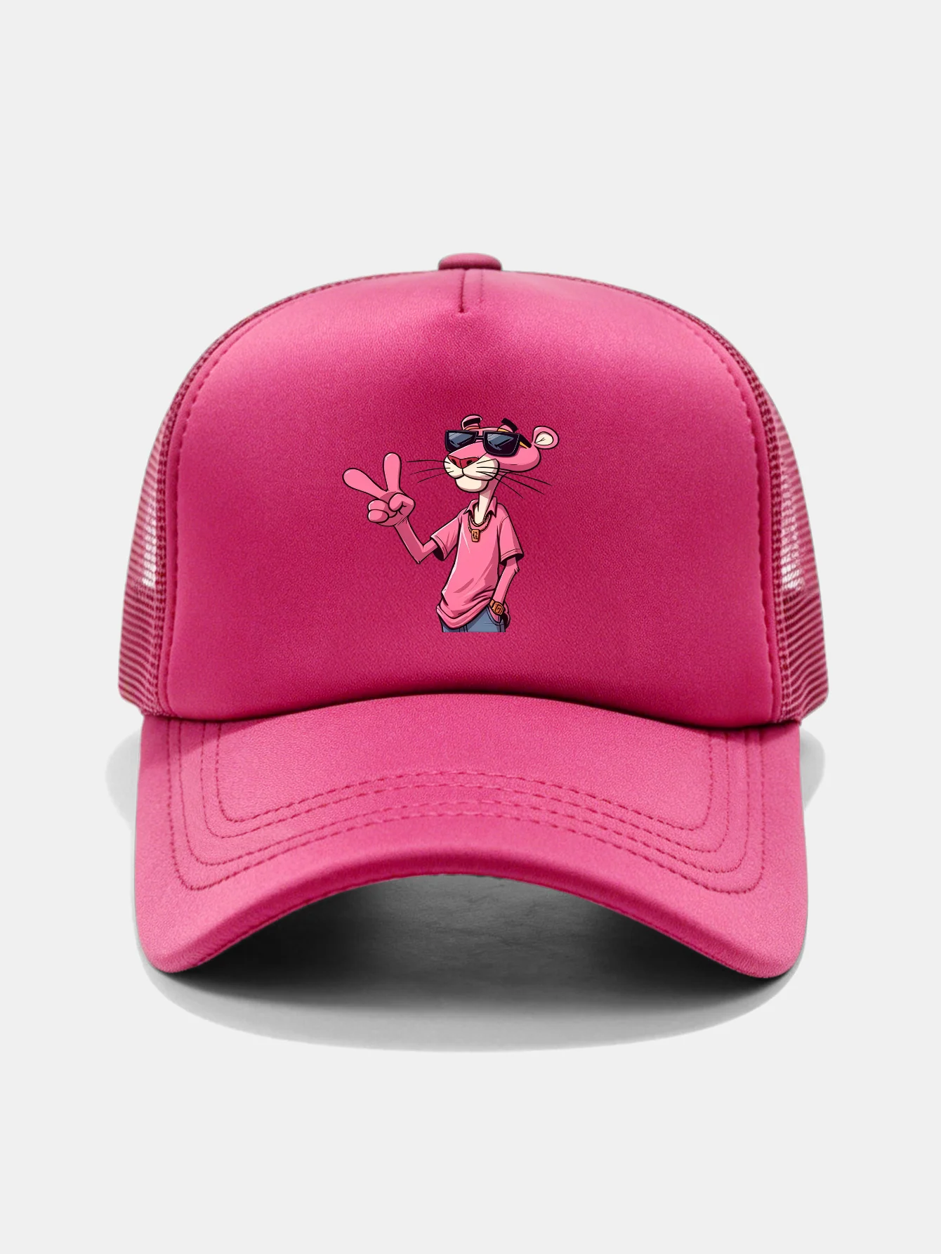Pink Panther With V Sign Print Mesh Baseball Cap - Image 15