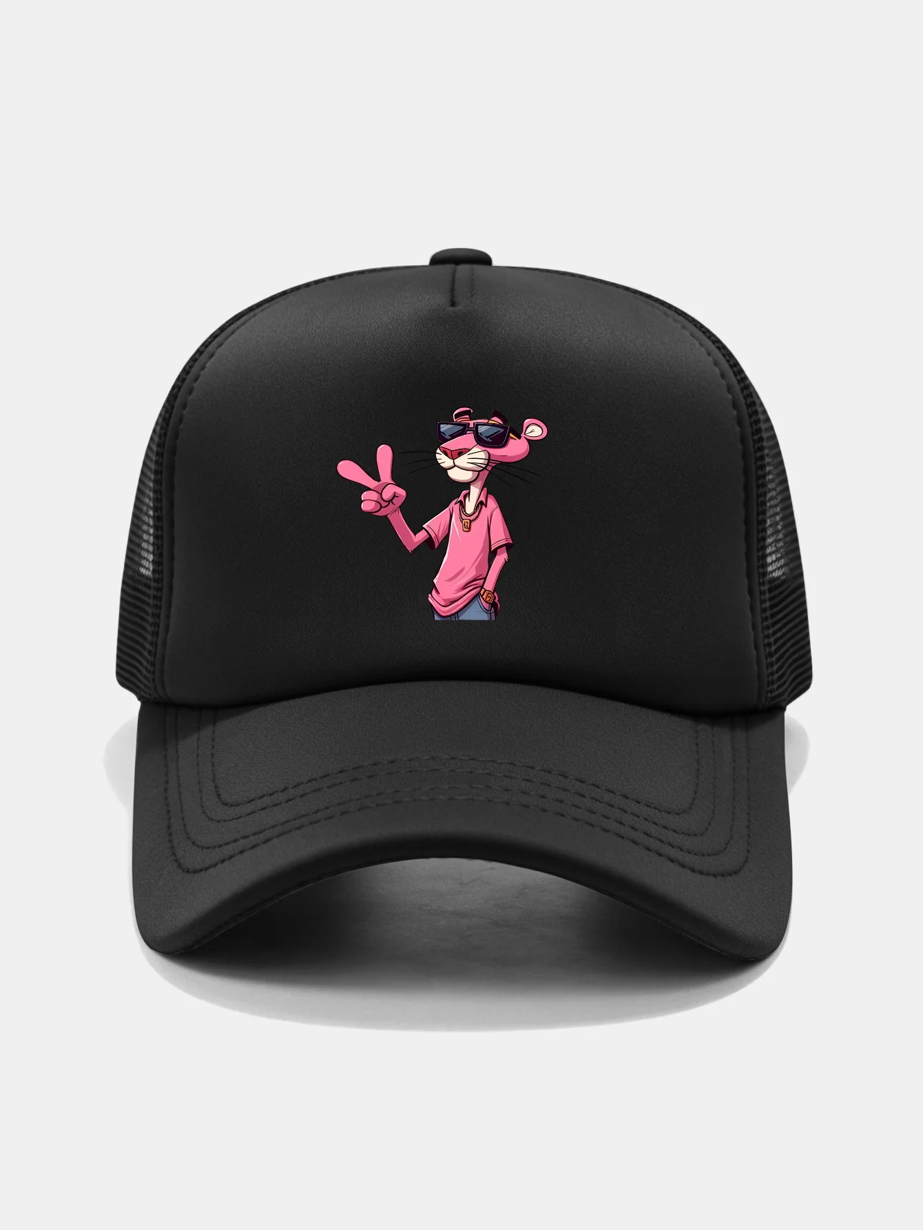 Pink Panther With V Sign Print Mesh Baseball Cap - Image 5