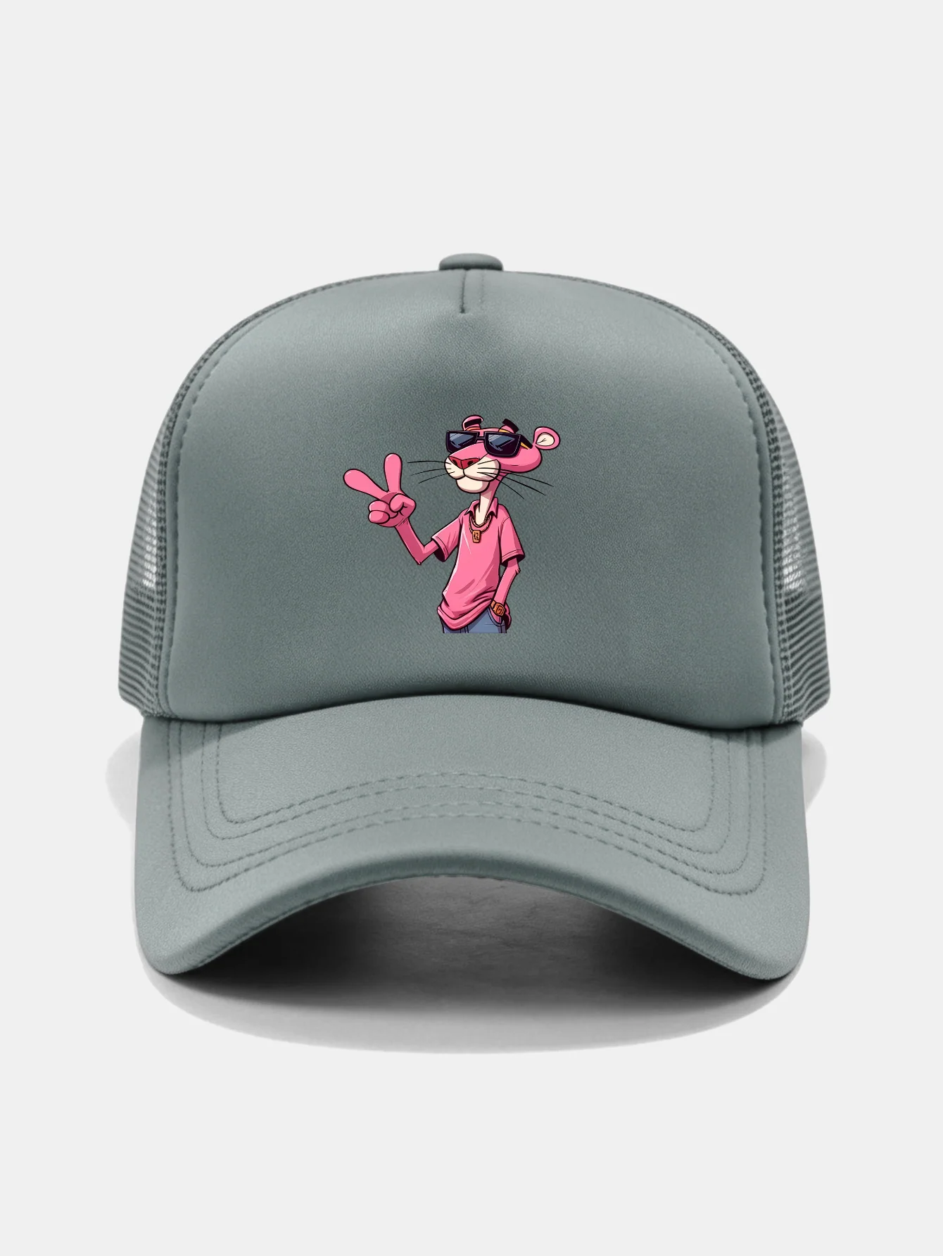 Pink Panther With V Sign Print Mesh Baseball Cap - Image 7