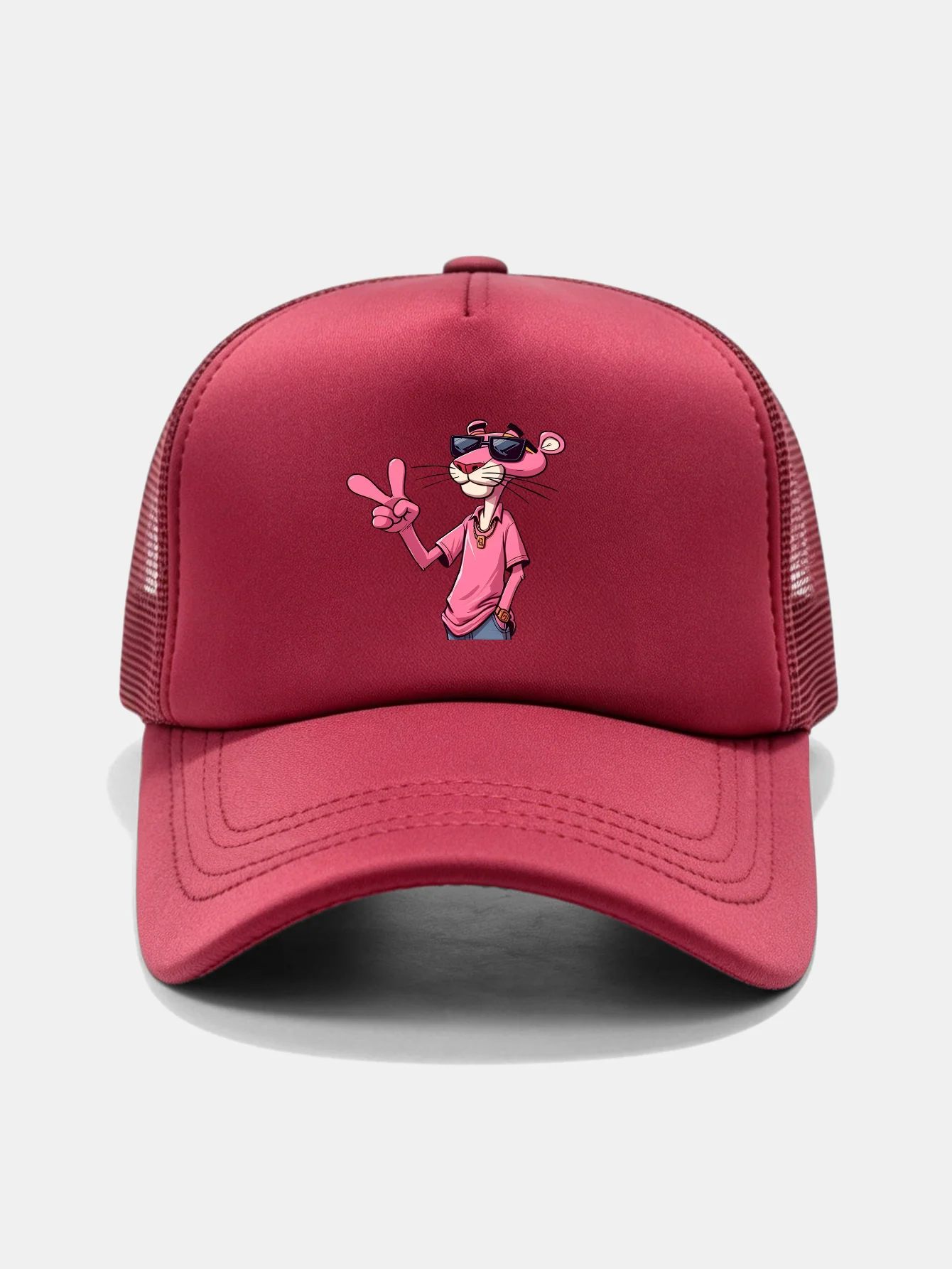 Pink Panther With V Sign Print Mesh Baseball Cap - Image 9