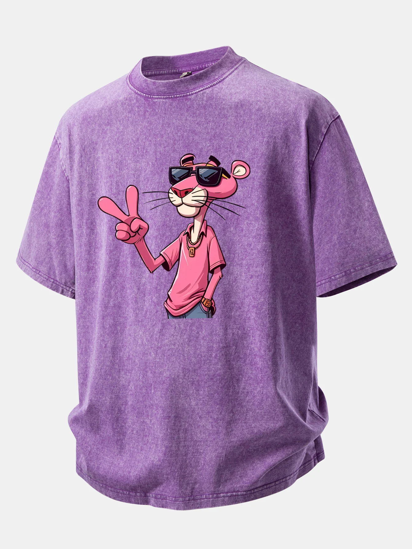 Pink Panther With V Sign Print Washed Distressed Drop Shoulder T-Shirt - Image 3