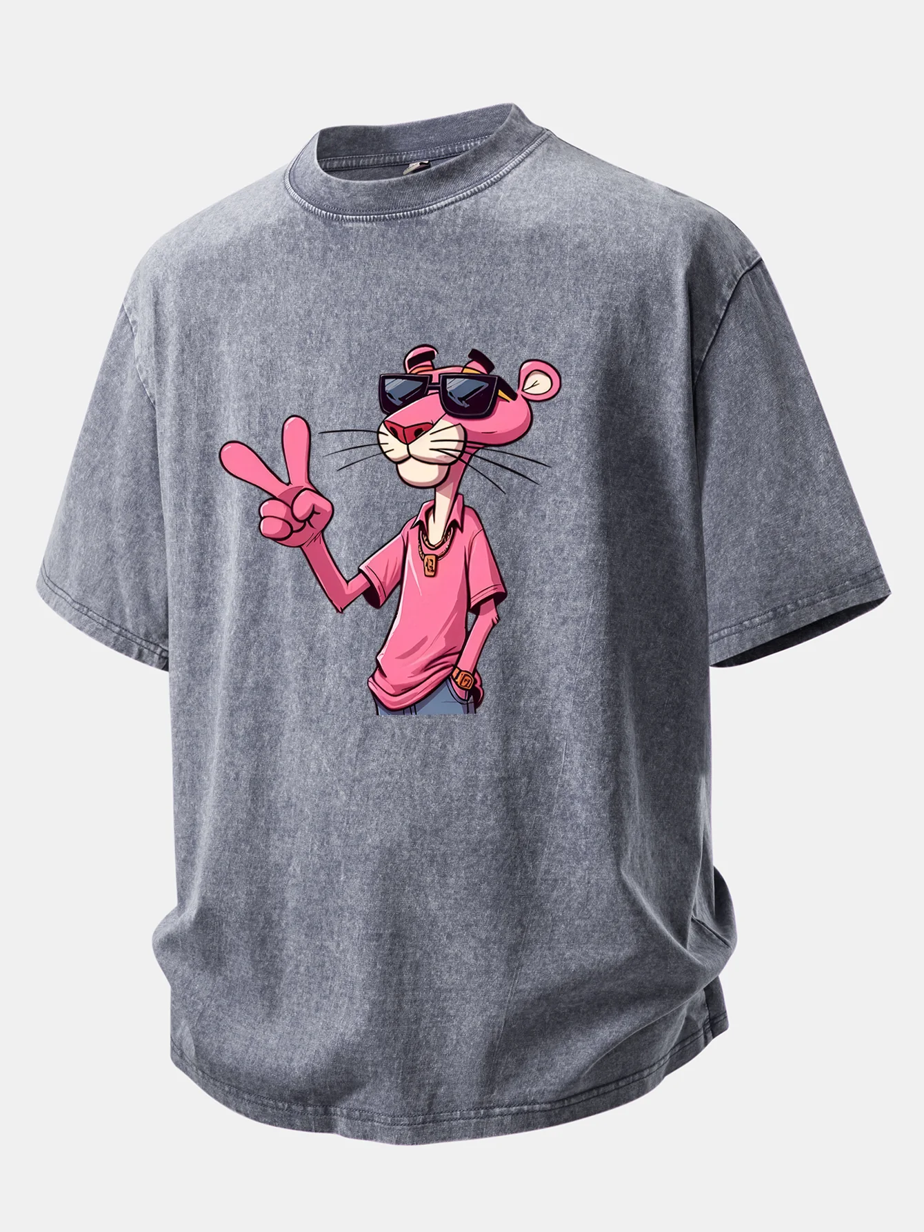 Pink Panther With V Sign Print Washed Distressed Drop Shoulder T-Shirt - Image 4