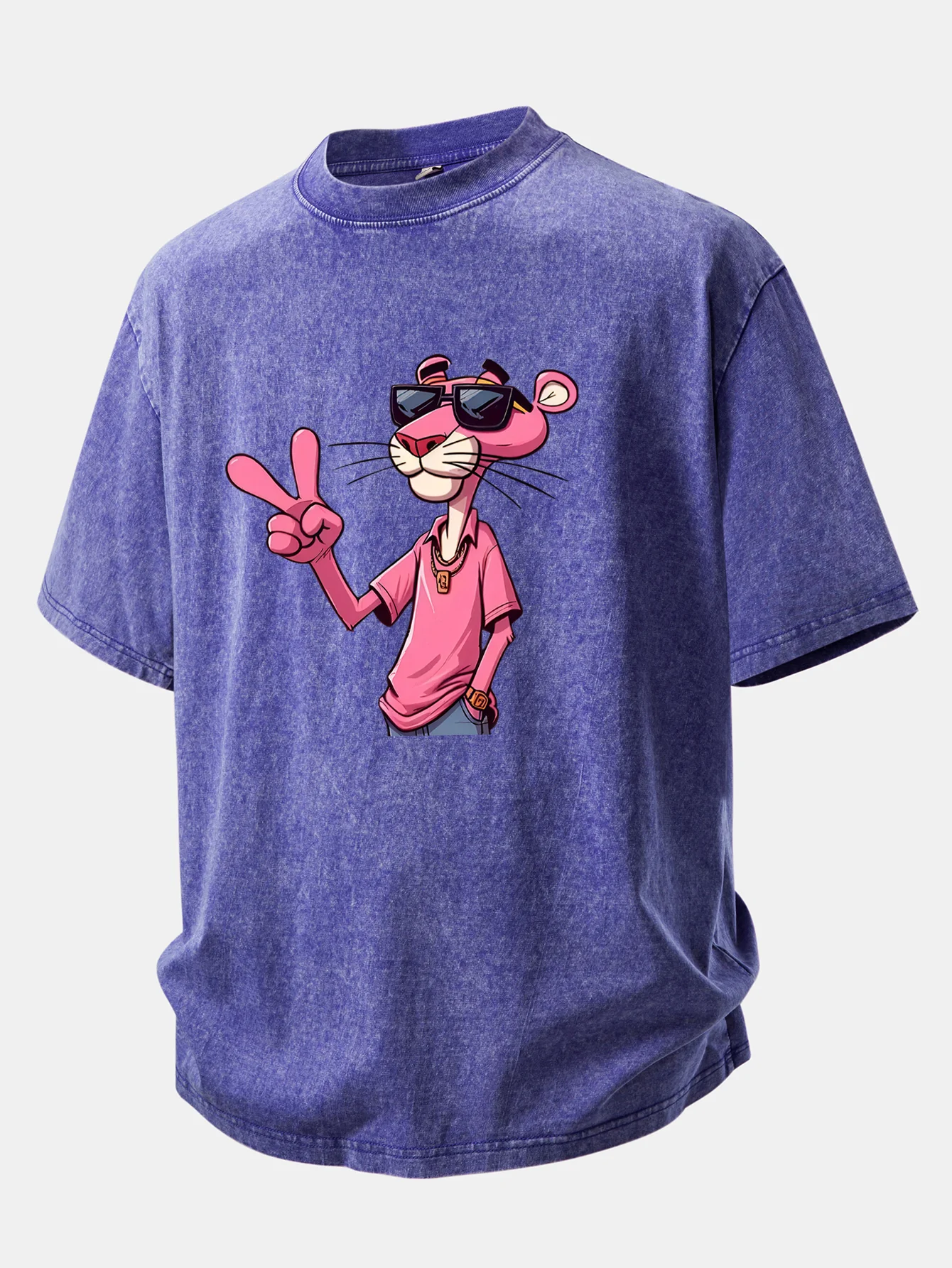 Pink Panther With V Sign Print Washed Distressed Drop Shoulder T-Shirt - Image 5