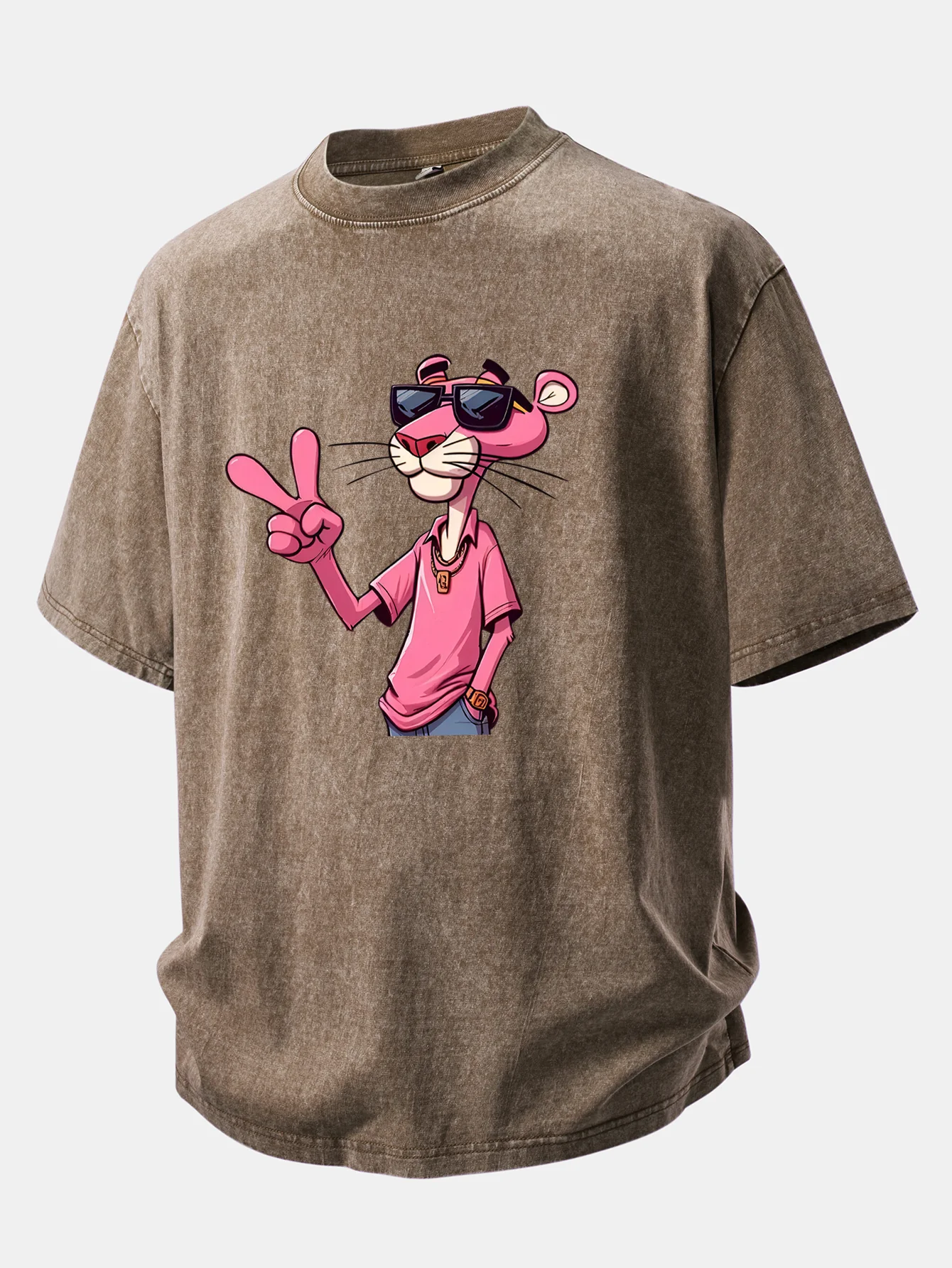 Pink Panther With V Sign Print Washed Distressed Drop Shoulder T-Shirt - Image 6