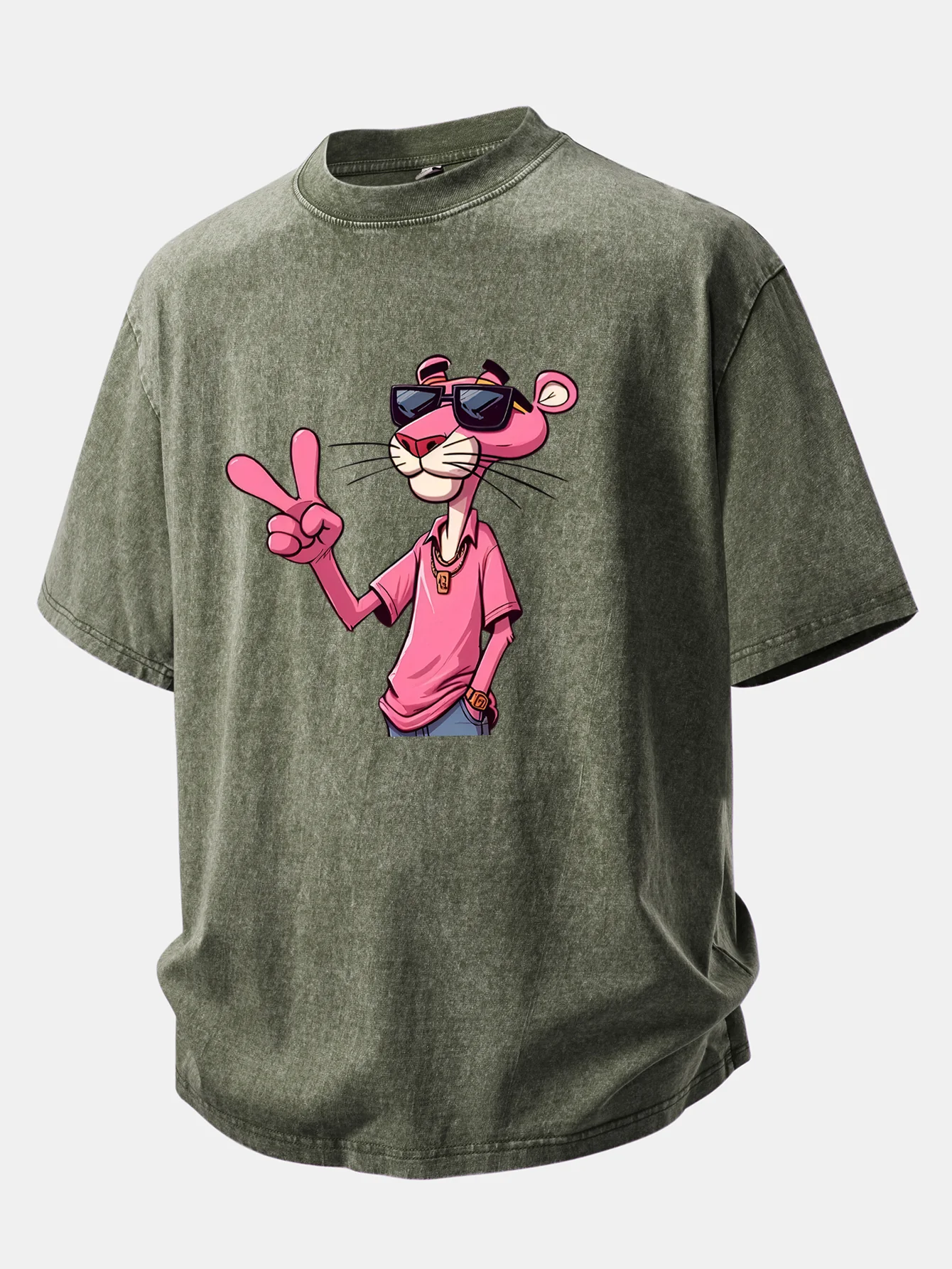 Pink Panther With V Sign Print Washed Distressed Drop Shoulder T-Shirt - Image 7