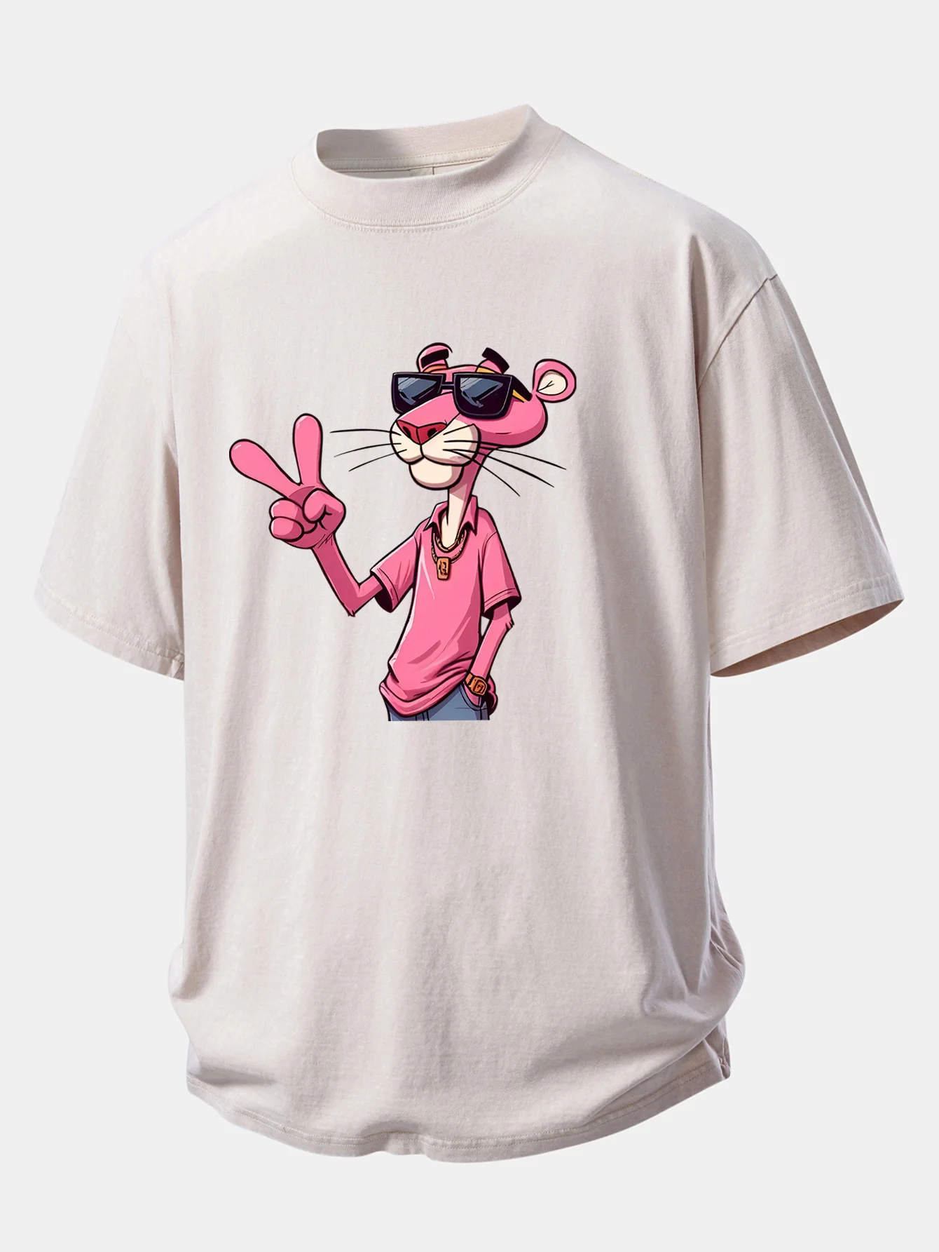 Pink Panther With V Sign Print Washed Distressed Drop Shoulder T-Shirt - Image 8