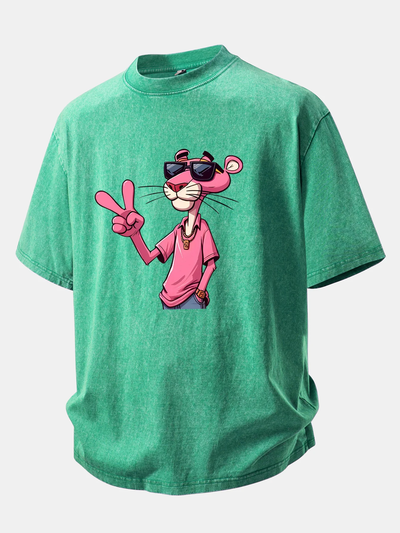 Pink Panther With V Sign Print Washed Distressed Drop Shoulder T-Shirt - Image 9