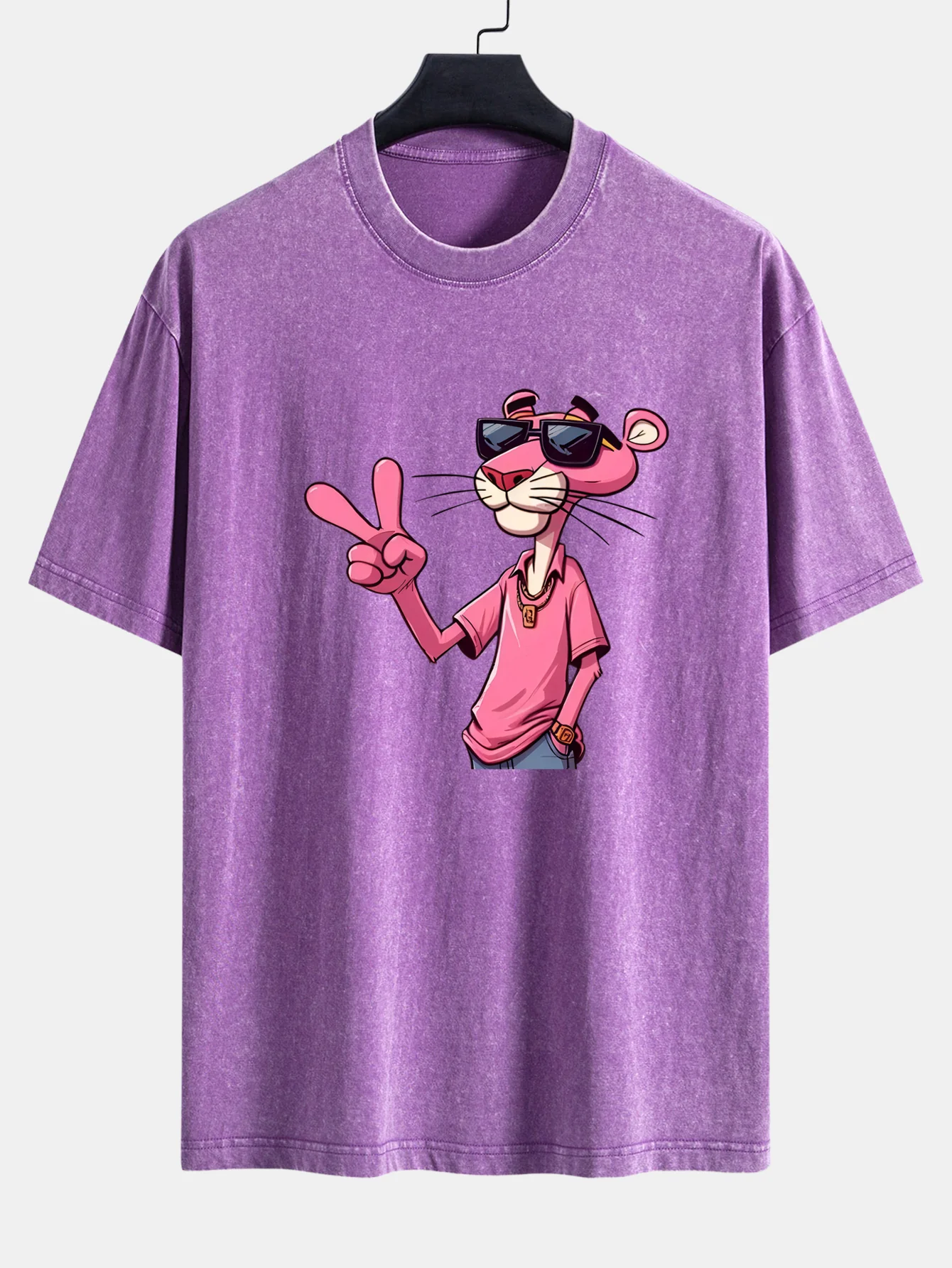 Pink Panther With V Sign Print Washed Distressed Drop Shoulder T-Shirt - Image 2