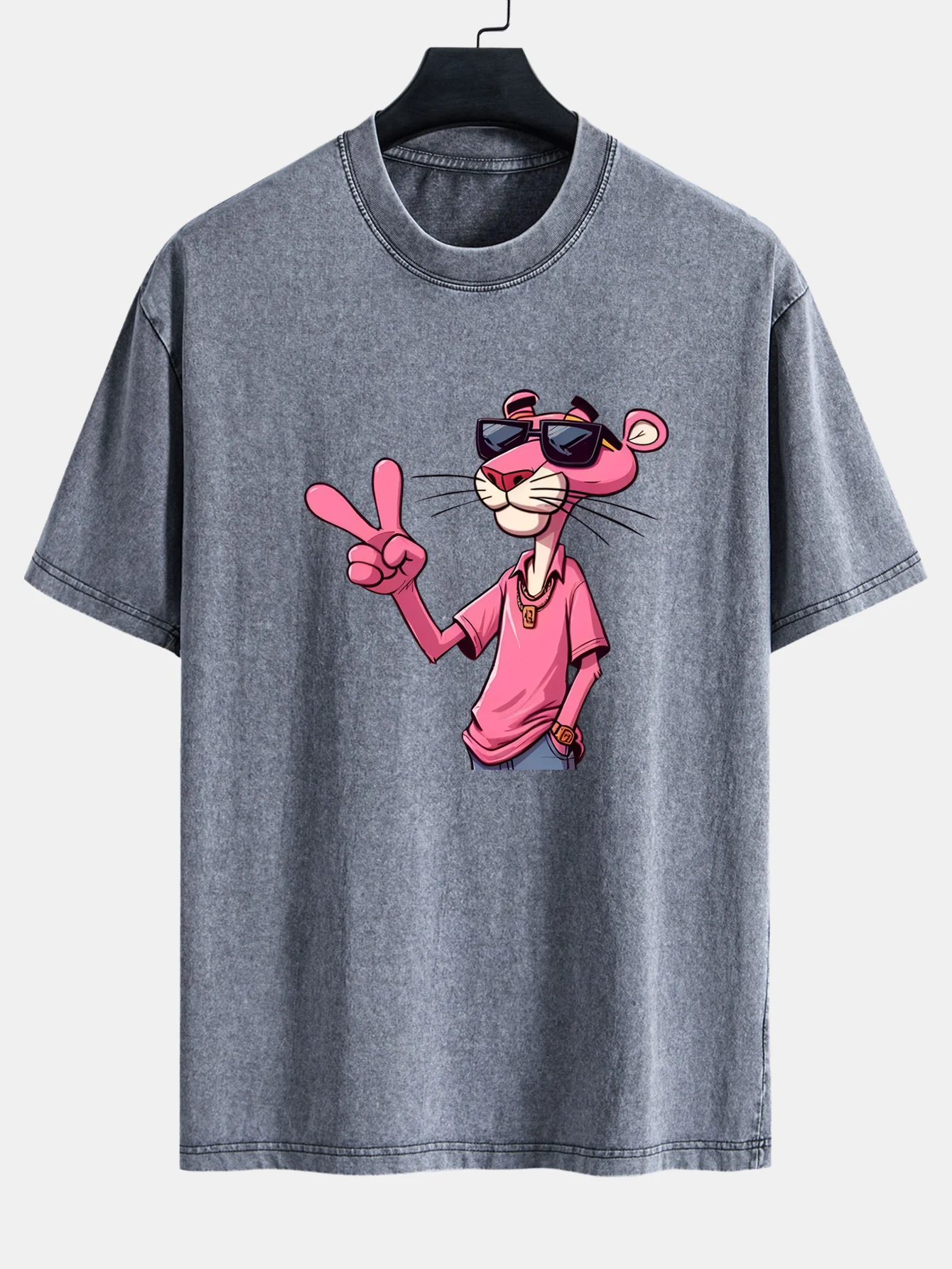 Pink Panther With V Sign Print Washed Distressed Drop Shoulder T-Shirt - Image 3