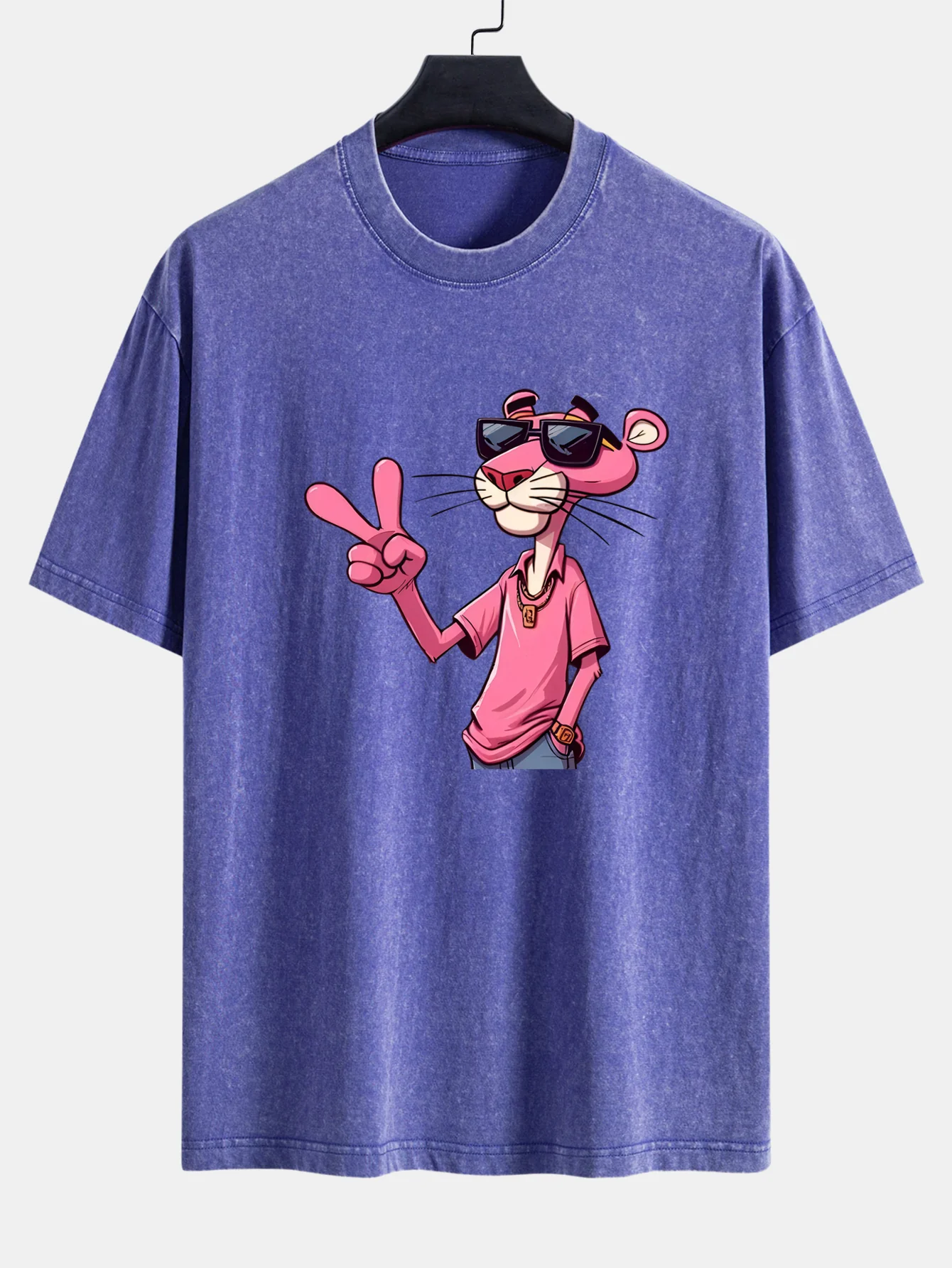 Pink Panther With V Sign Print Washed Distressed Drop Shoulder T-Shirt - Image 4