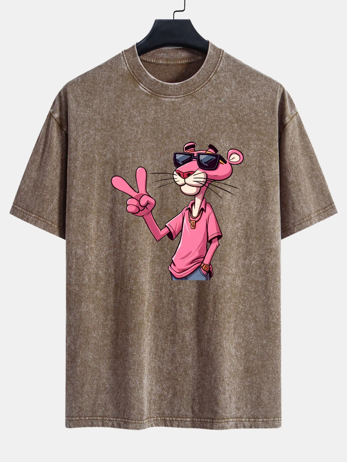 Pink Panther With V Sign Print Washed Distressed Drop Shoulder T-Shirt - Image 5